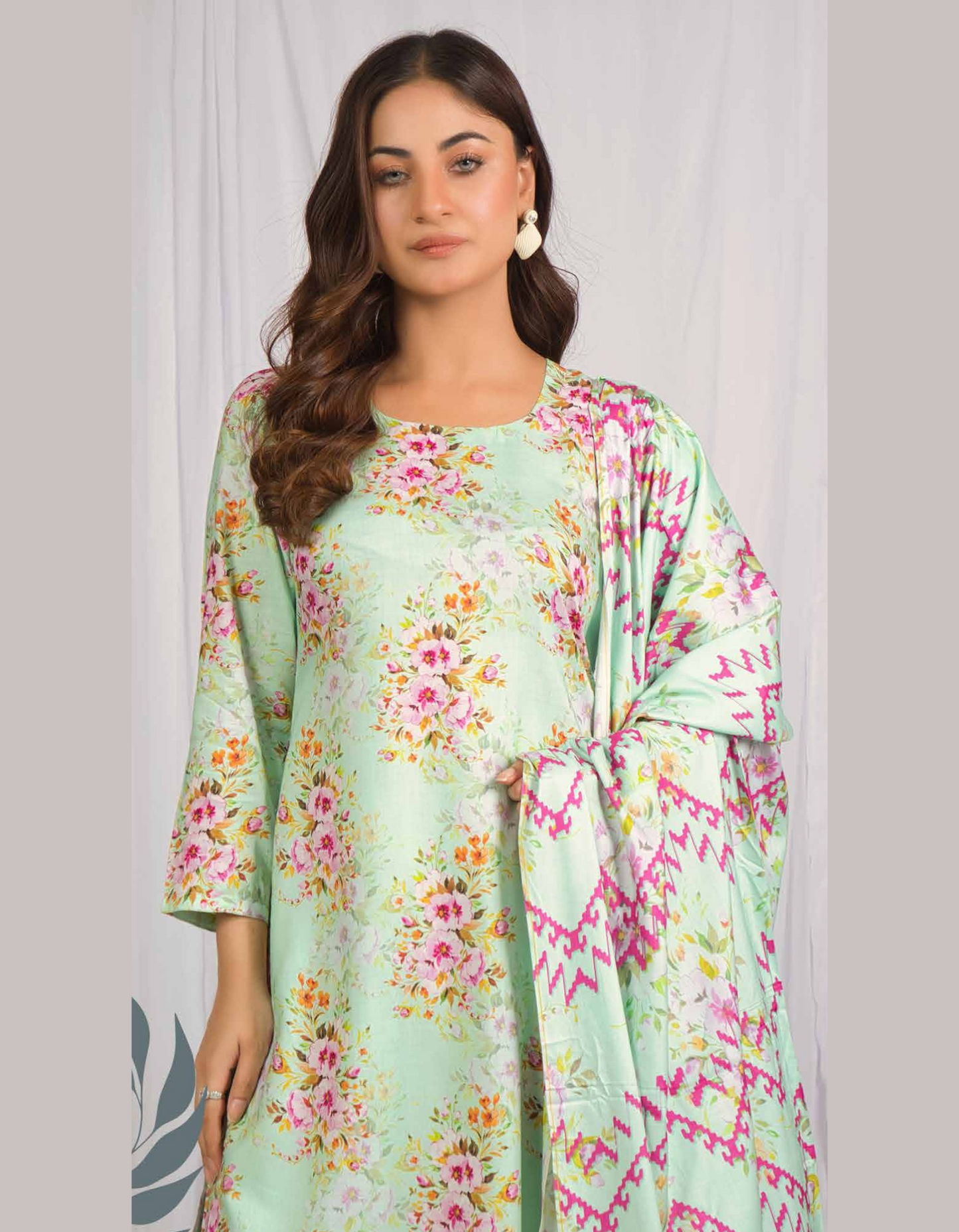 3PC Unstitched Pistachio Linen Fabric Suit With Dupatta