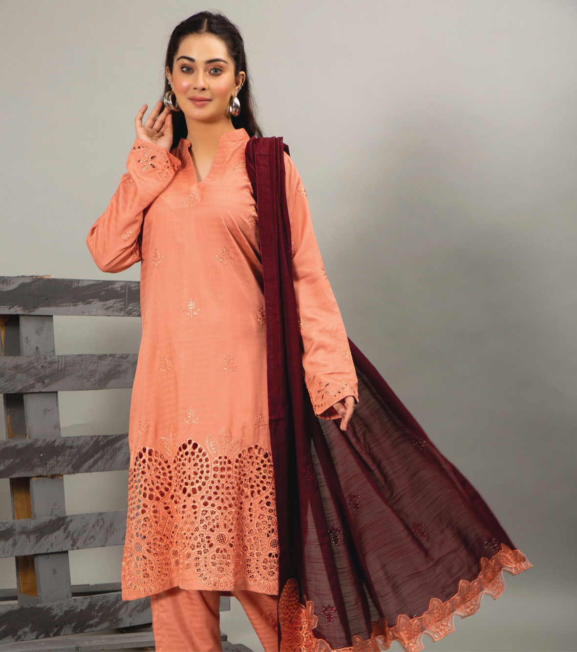 3PC-Unstitched Embroidered Peach Viscose Bana Dora