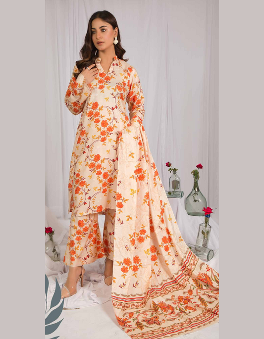 3PC Unstitched Beige Linen Fabric Suit With Dupatta