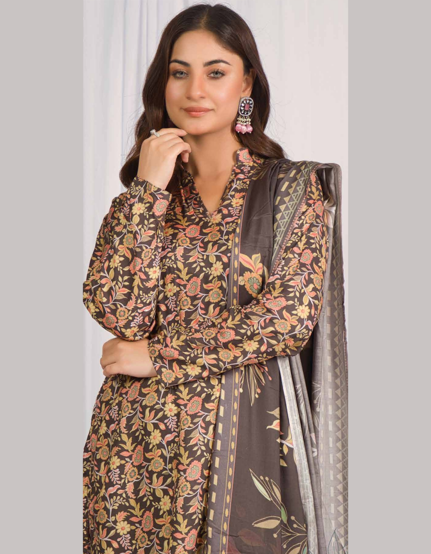 3PC Unstitched Dark Brown Linen Fabric Suit With Dupatta