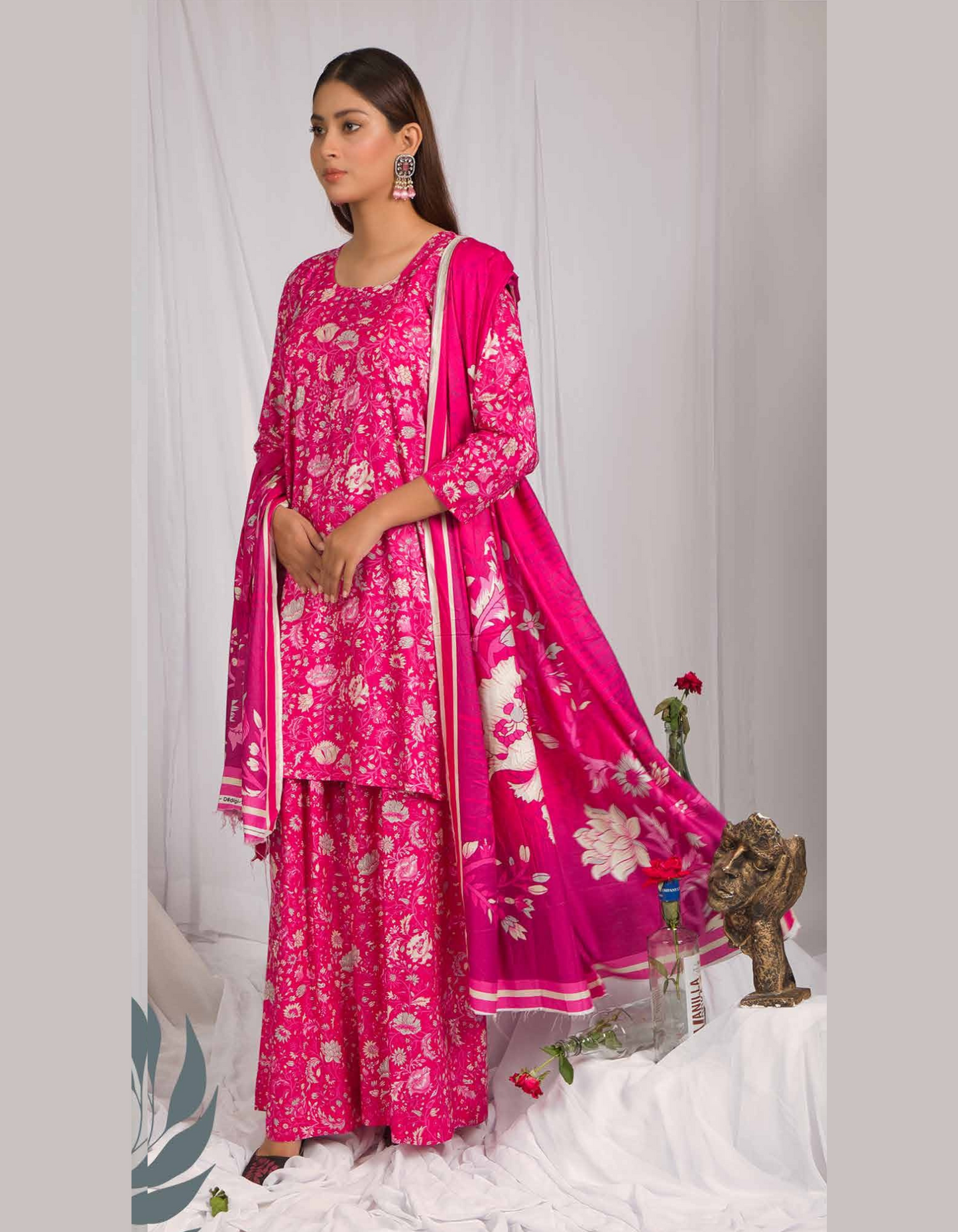 3PC Unstitched Hot Pink Linen Fabric Suit With Dupatta