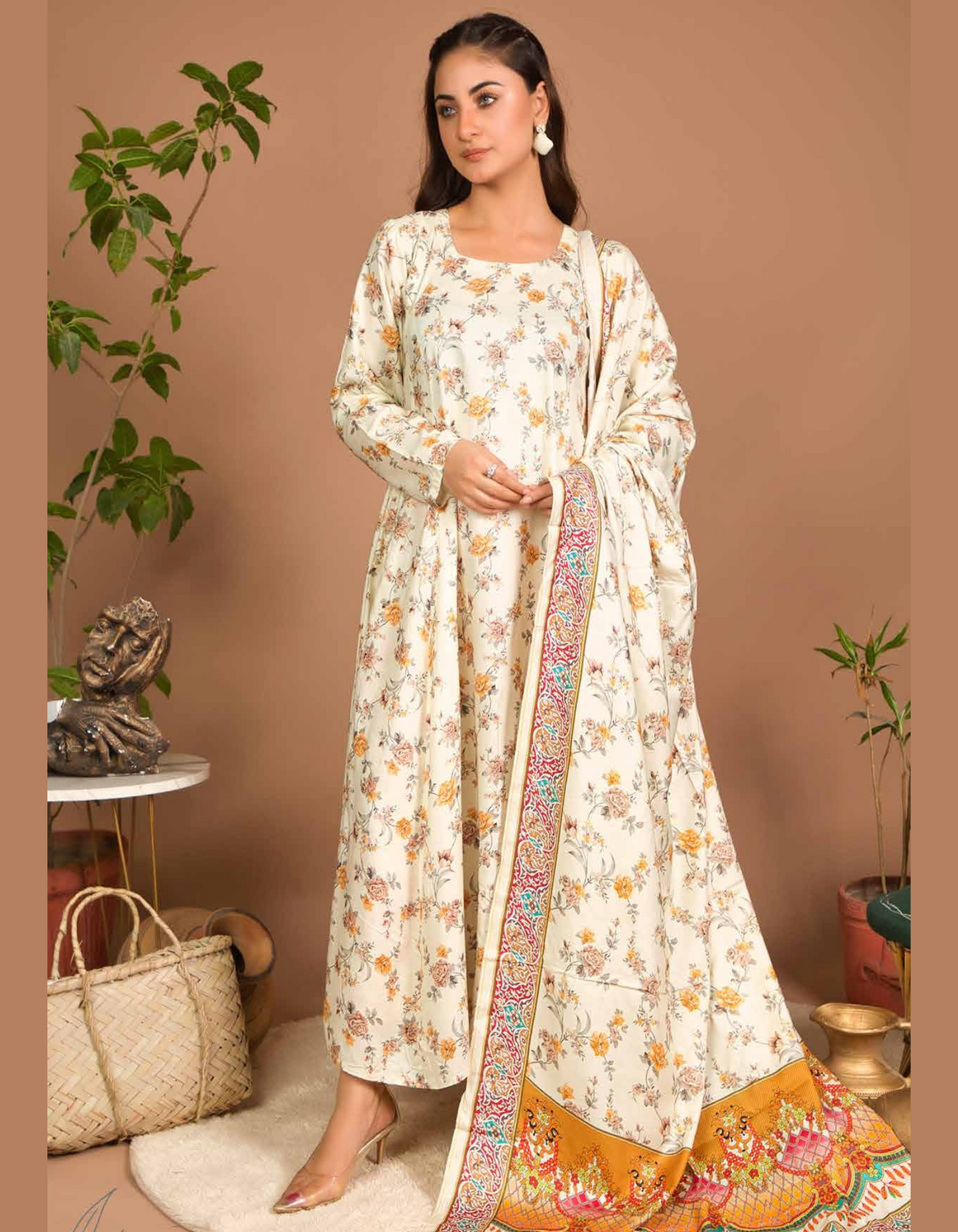 3PC Unstitched Off-White Linen Fabric Suit With Dupatta