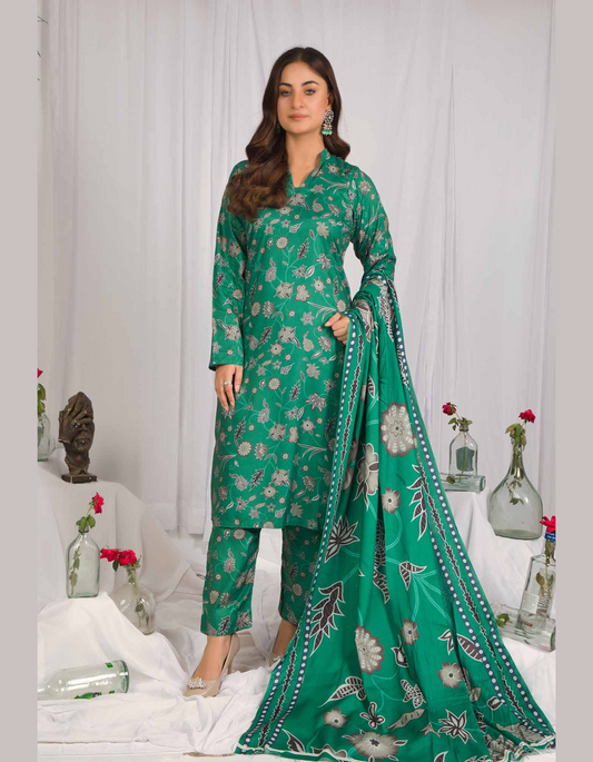 3PC Unstitched Bottle Green Linen Fabric Suit With Dupatta