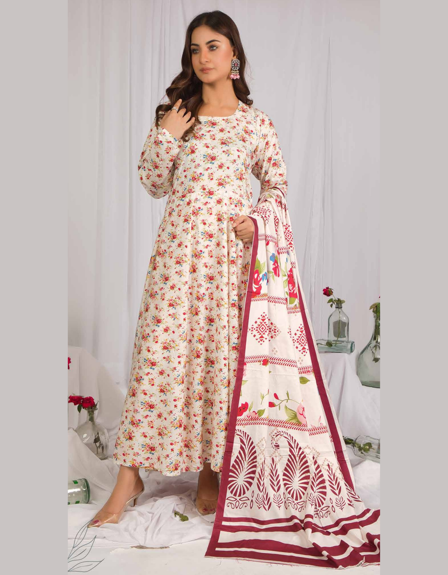 3PC Unstitched Off-White Base Linen Fabric Suit With Dupatta