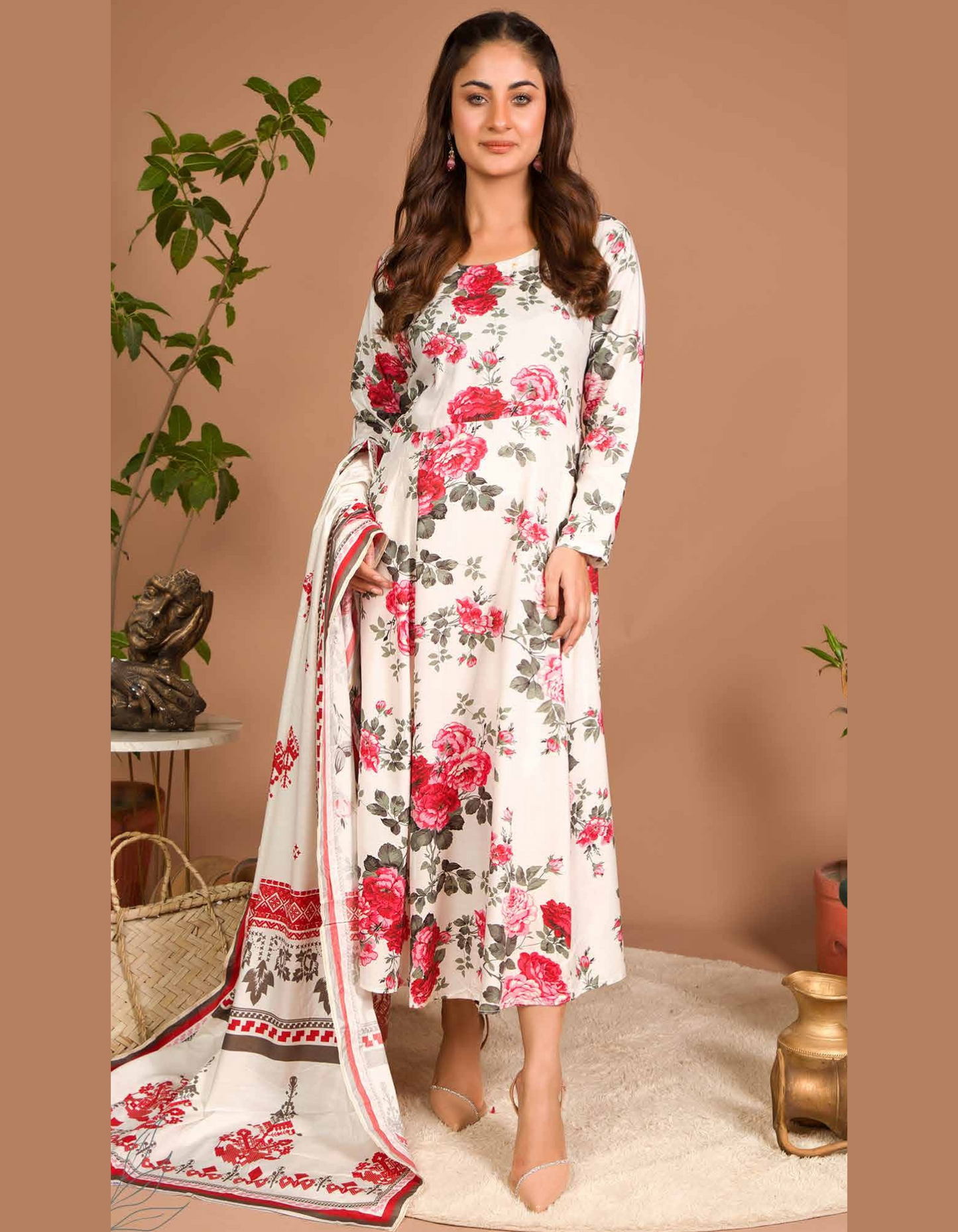 3PC Unstitched White Linen Fabric Suit With Dupatta