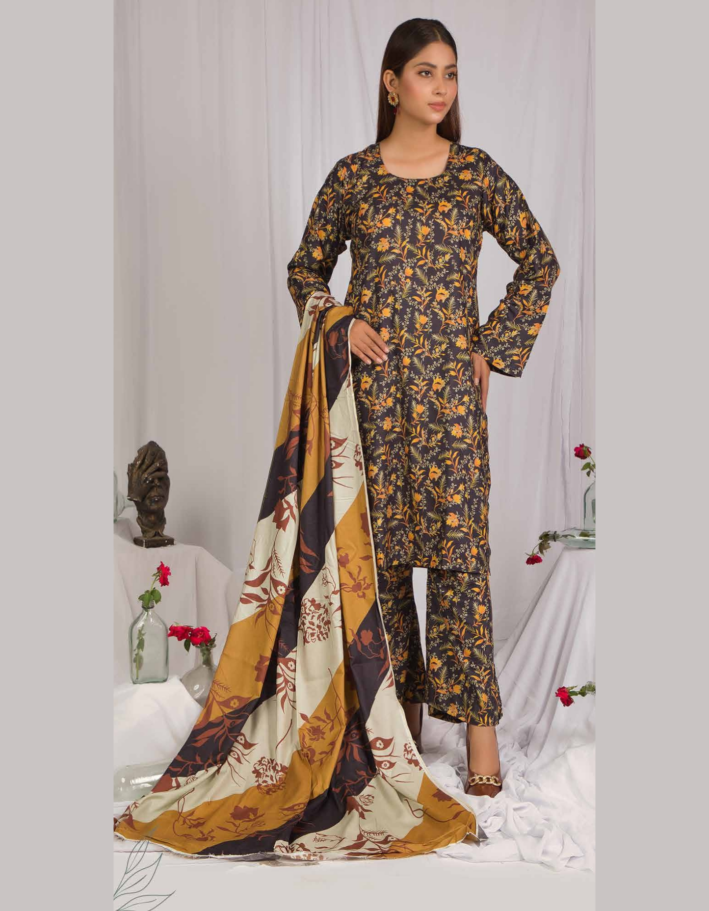 3PC Unstitched Dark Brown Linen Fabric Suit With Dupatta