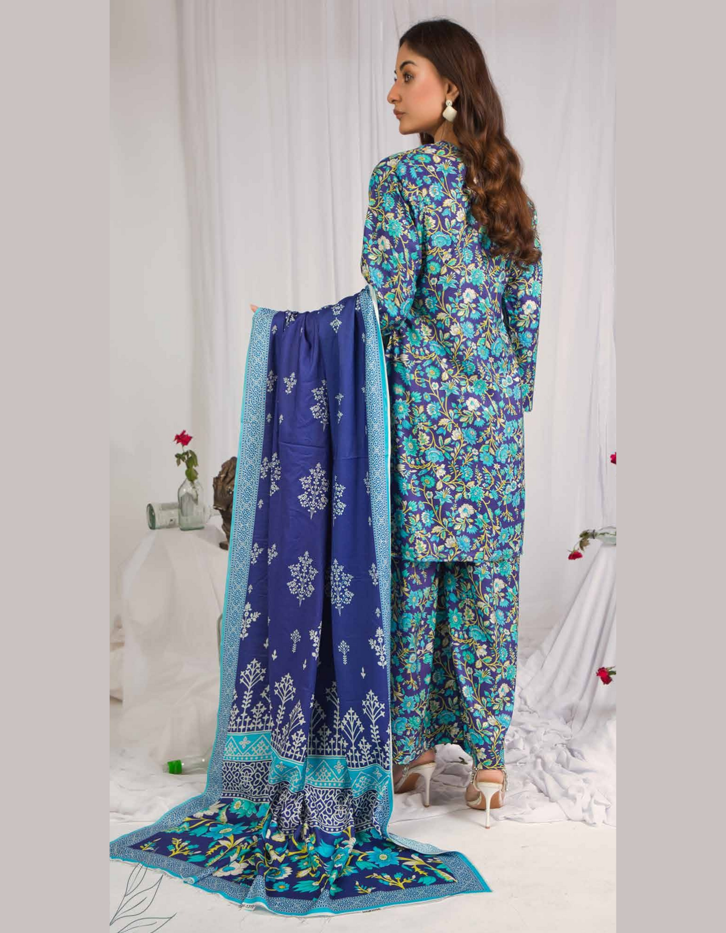 3PC Unstitched Blue Floral Print Linen Fabric Suit With Dupatta