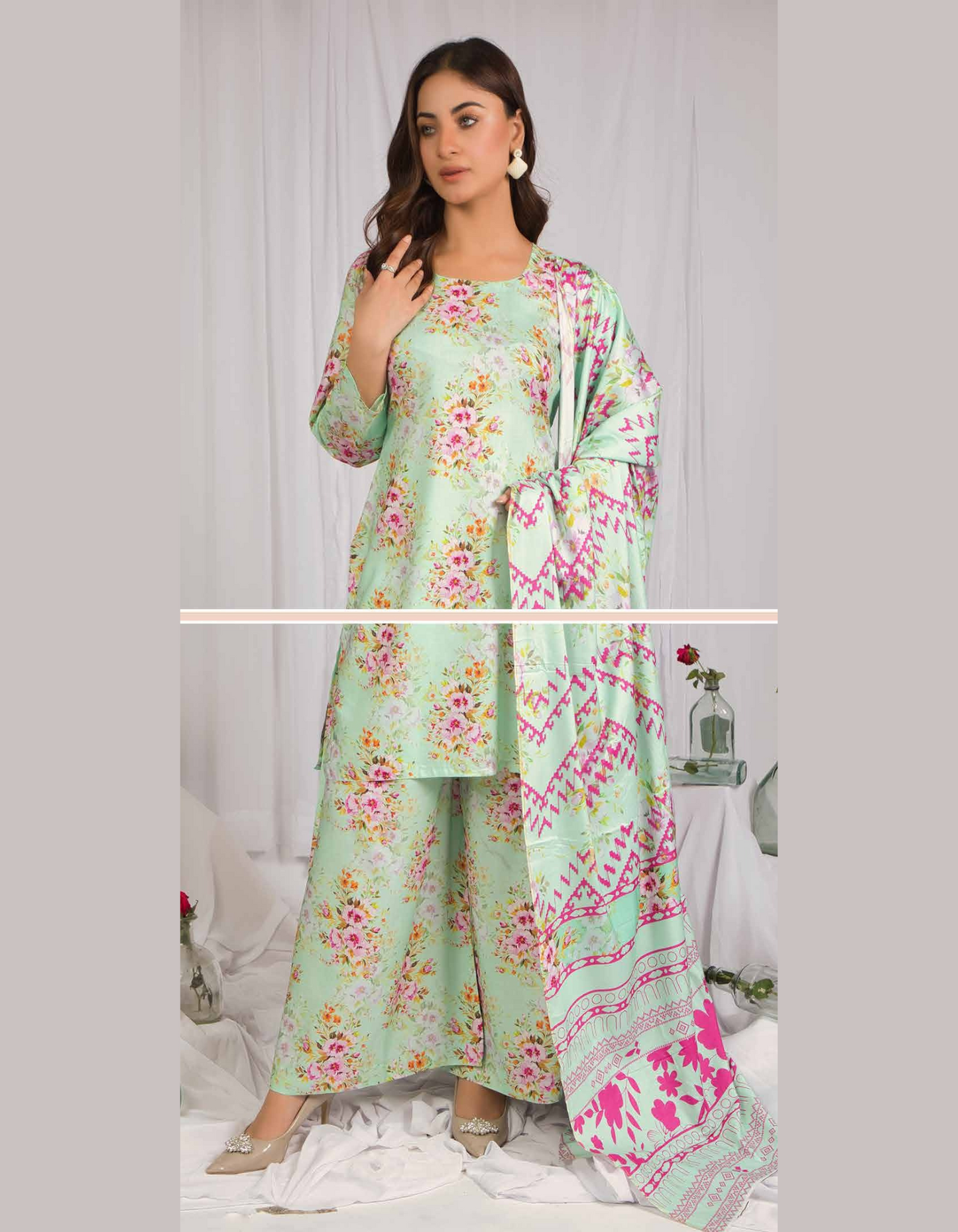 3PC Unstitched Pistachio Linen Fabric Suit With Dupatta