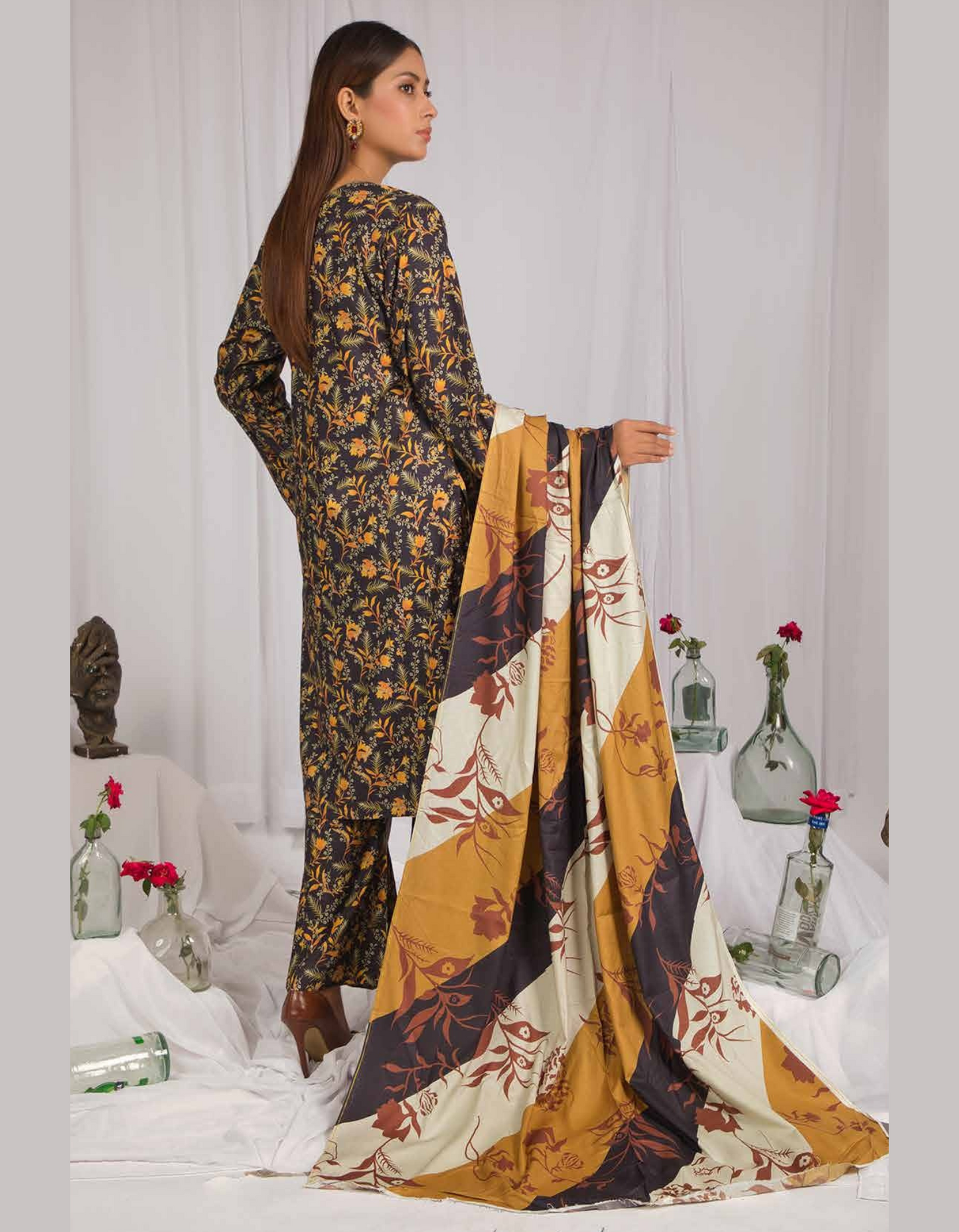 3PC Unstitched Dark Brown Linen Fabric Suit With Dupatta