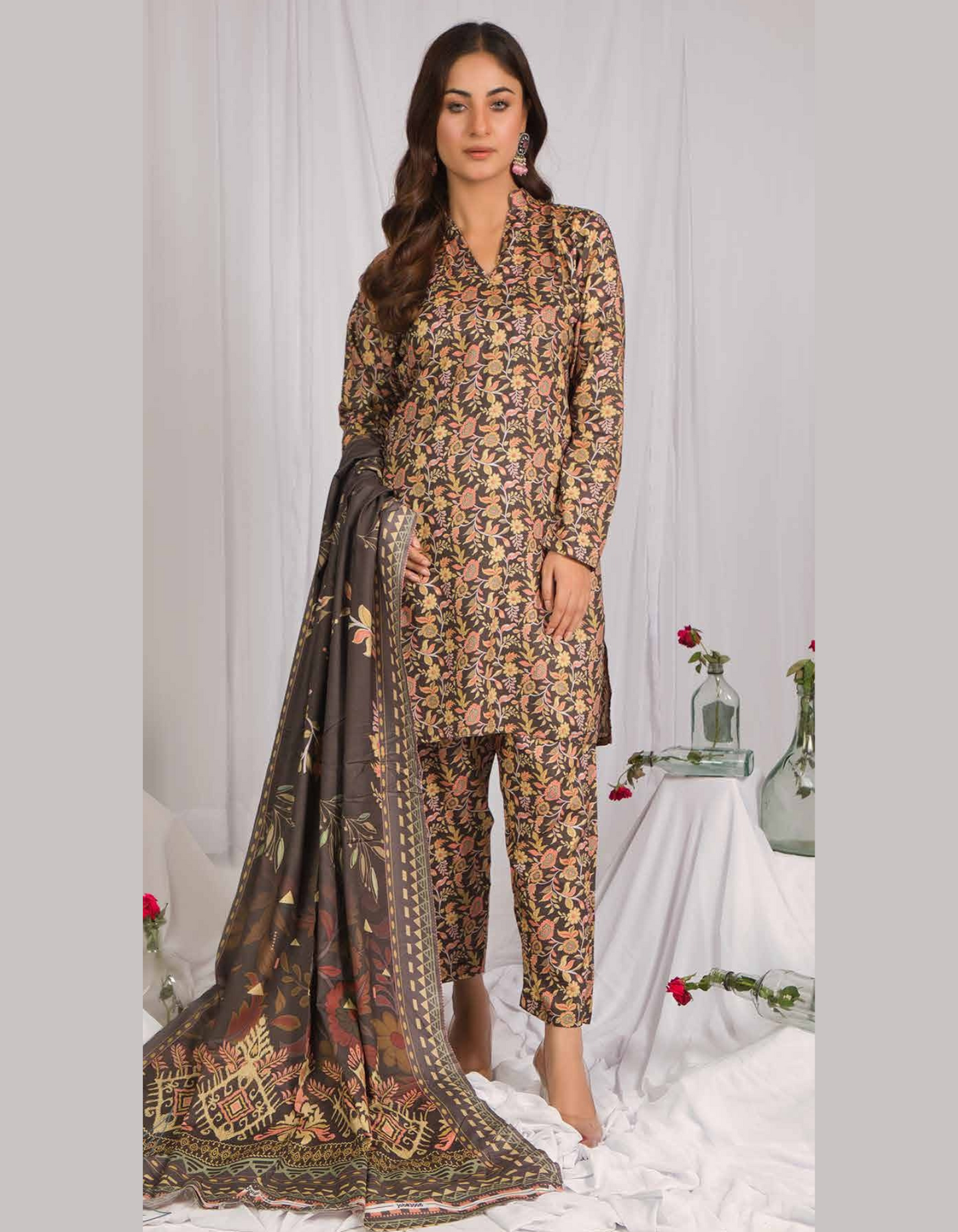 3PC Unstitched Dark Brown Linen Fabric Suit With Dupatta