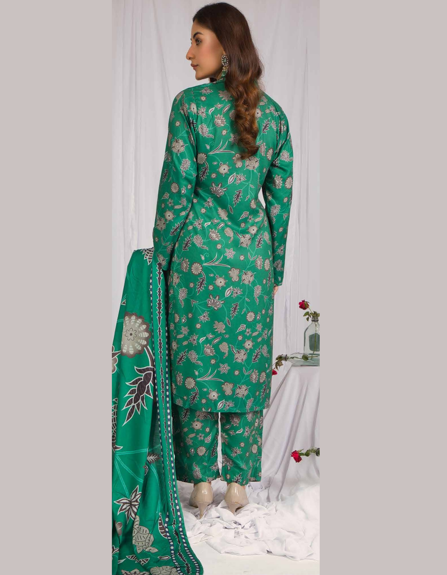 3PC Unstitched Bottle Green Linen Fabric Suit With Dupatta