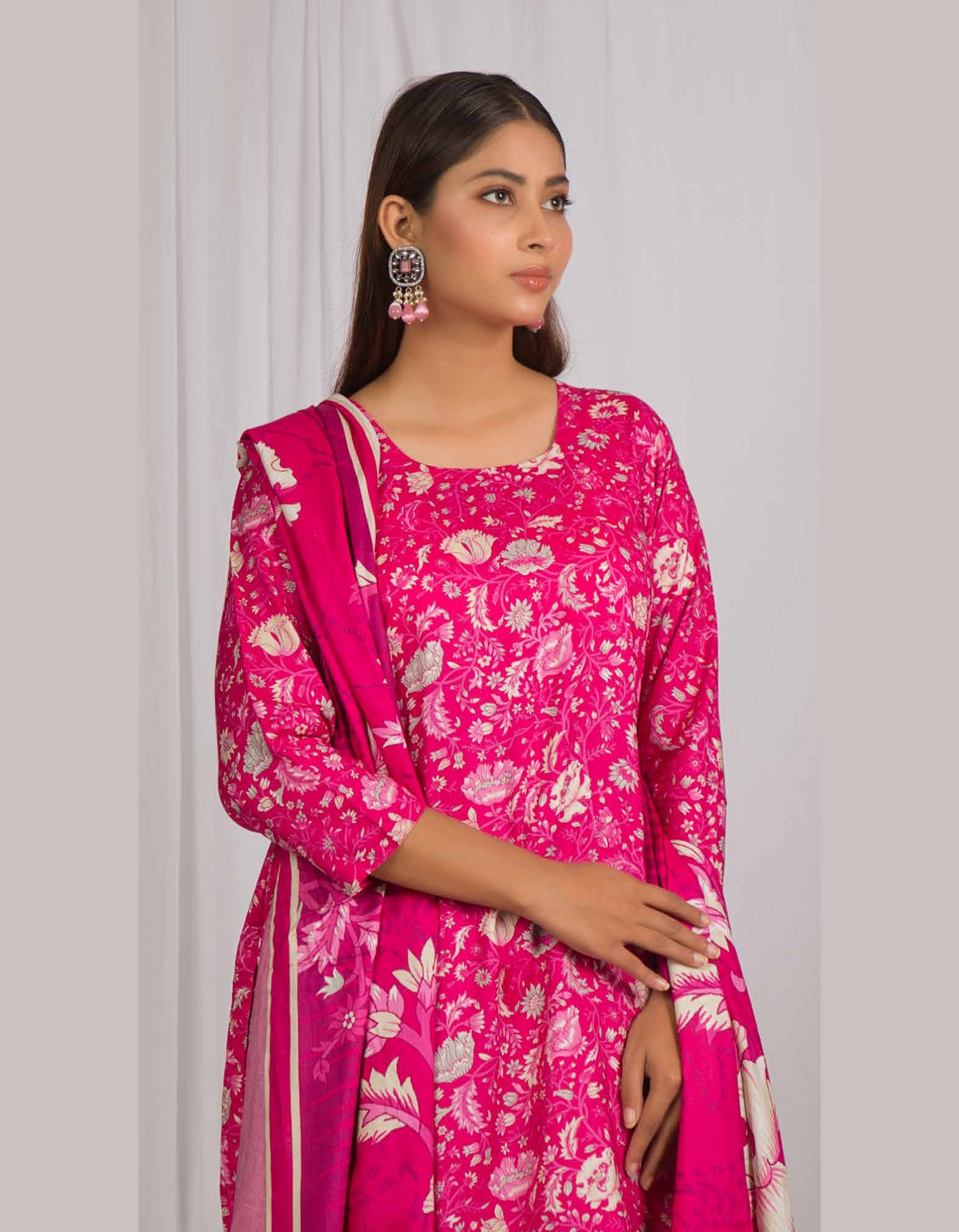 3PC Unstitched Hot Pink Linen Fabric Suit With Dupatta