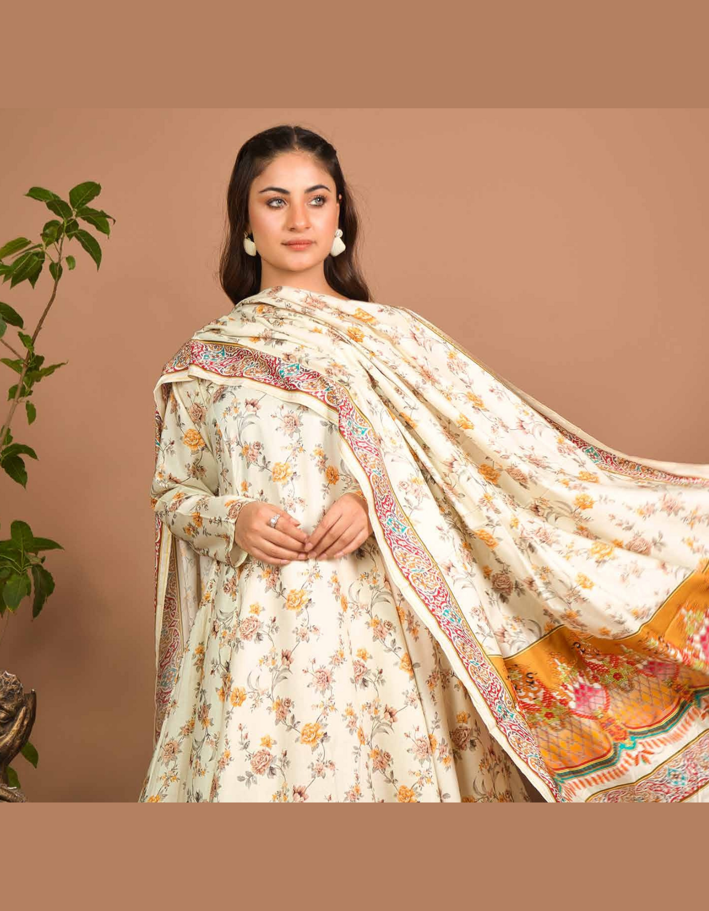 3PC Unstitched Off-White Linen Fabric Suit With Dupatta