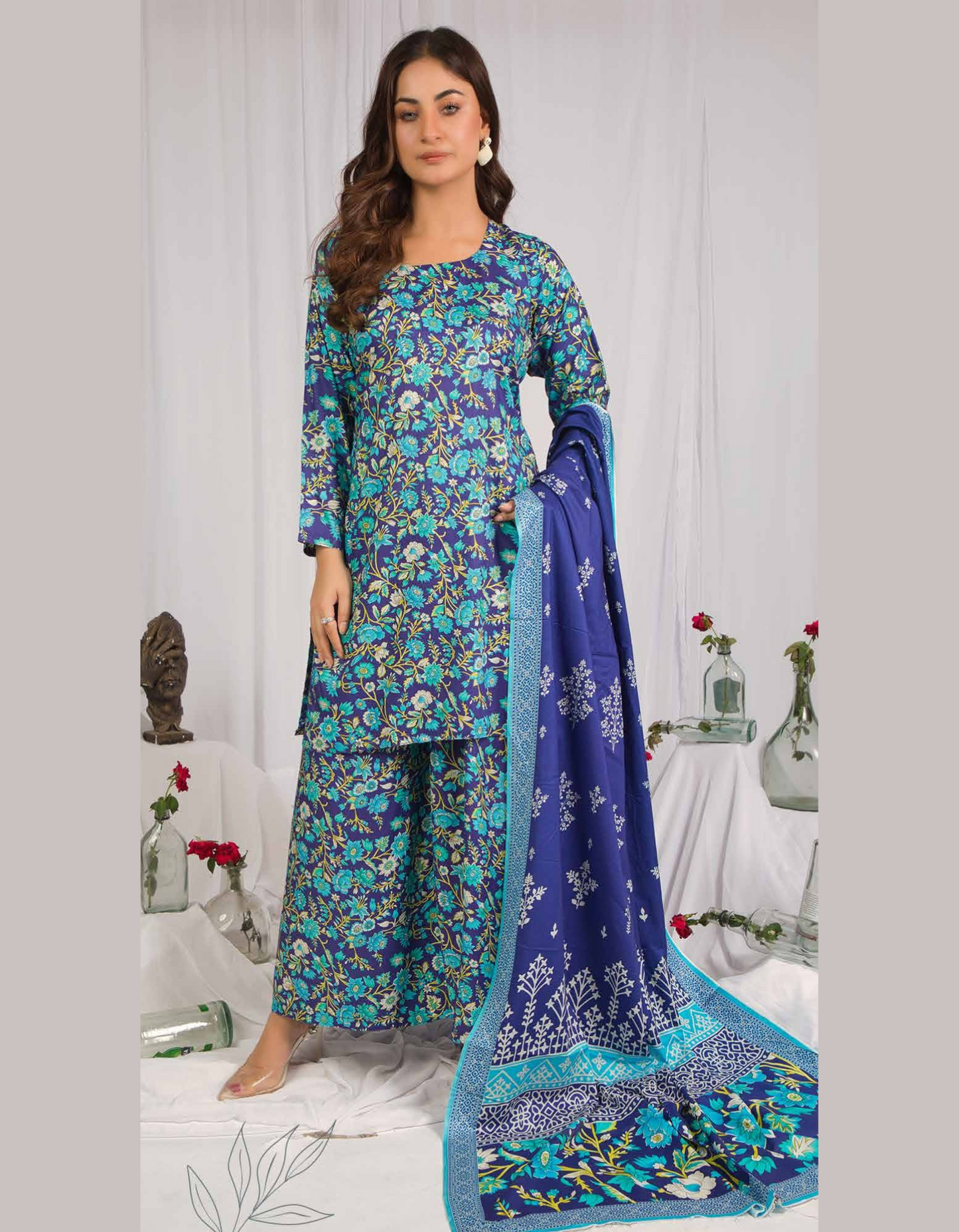 3PC Unstitched Blue Floral Print Linen Fabric Suit With Dupatta