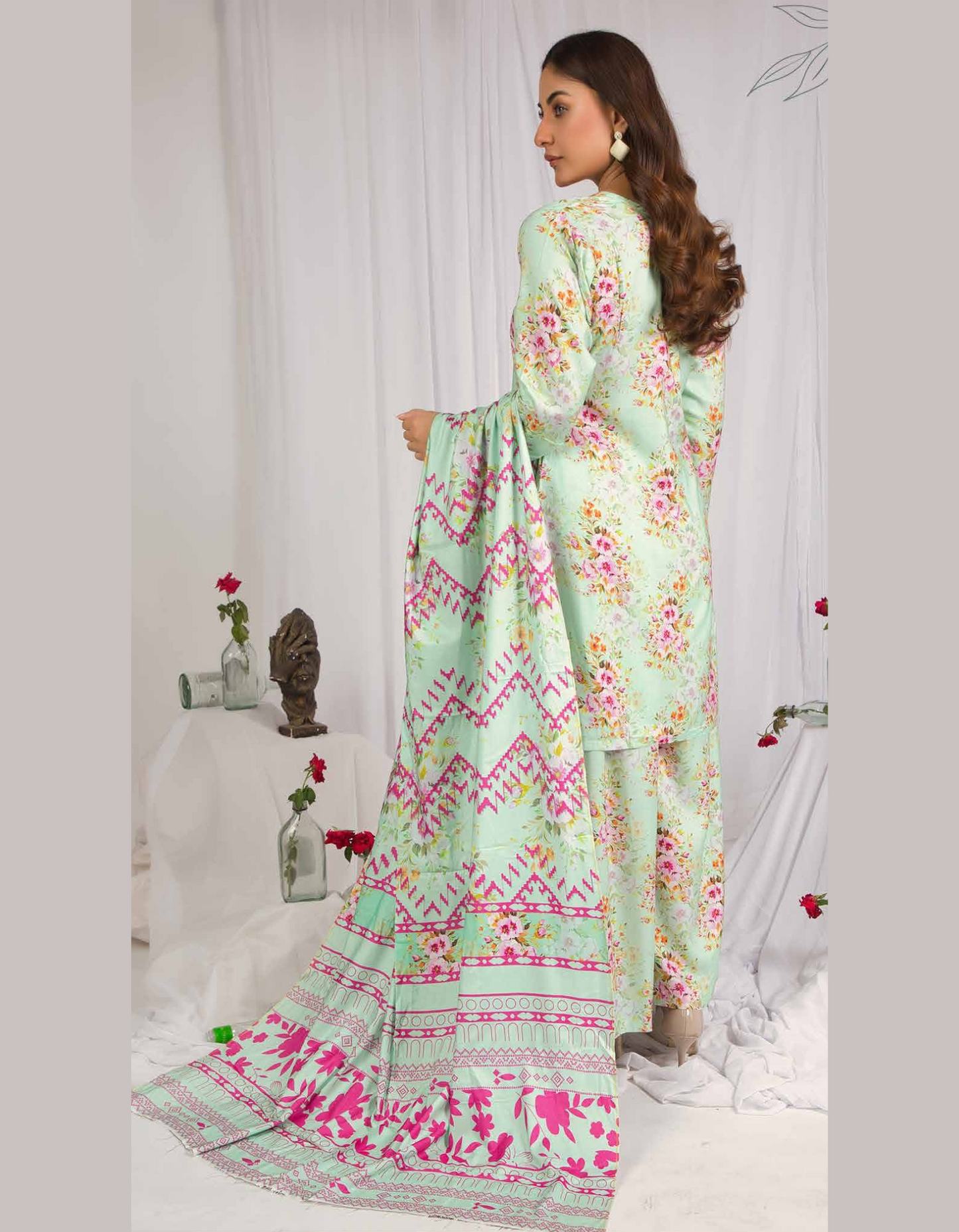 3PC Unstitched Pistachio Linen Fabric Suit With Dupatta