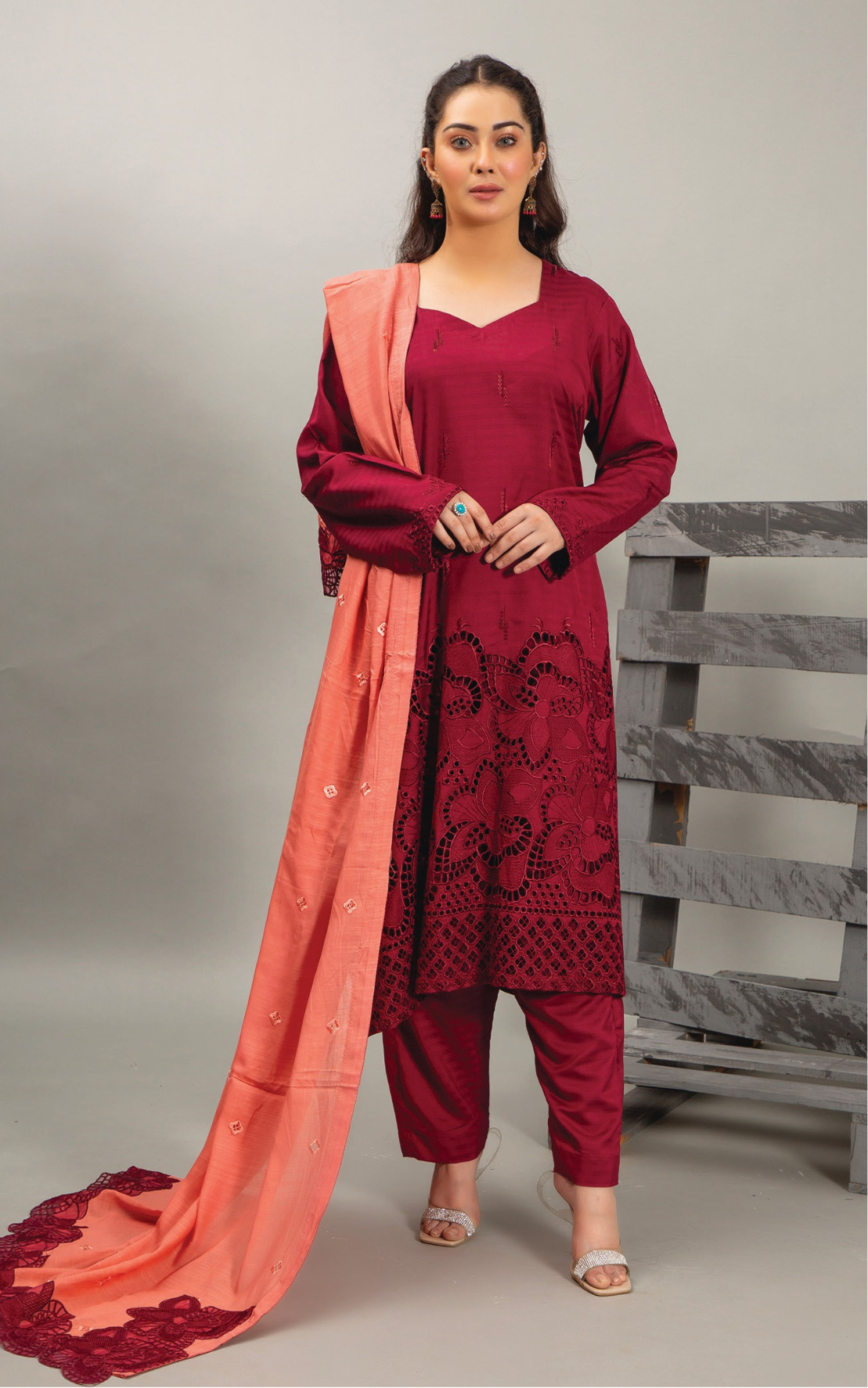 3PC-Unstitched Embroidered Red Viscose Bana Dora