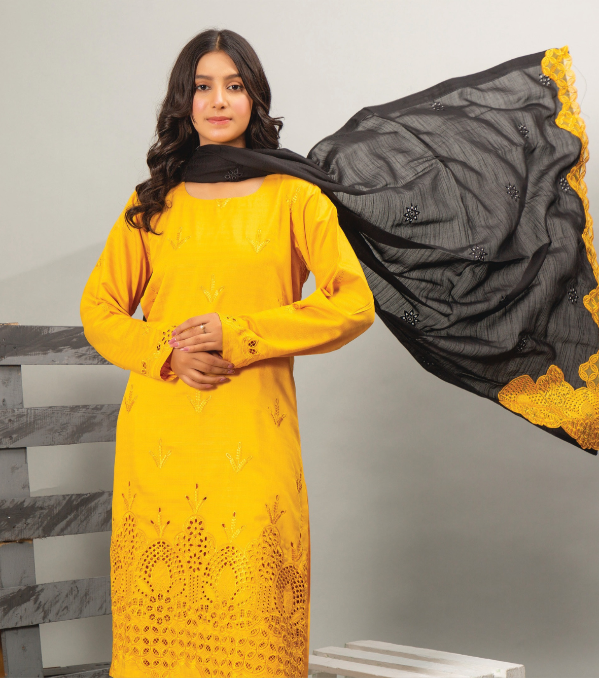 3PC-Unstitched Embroidered Yellow Viscose Bana Dora