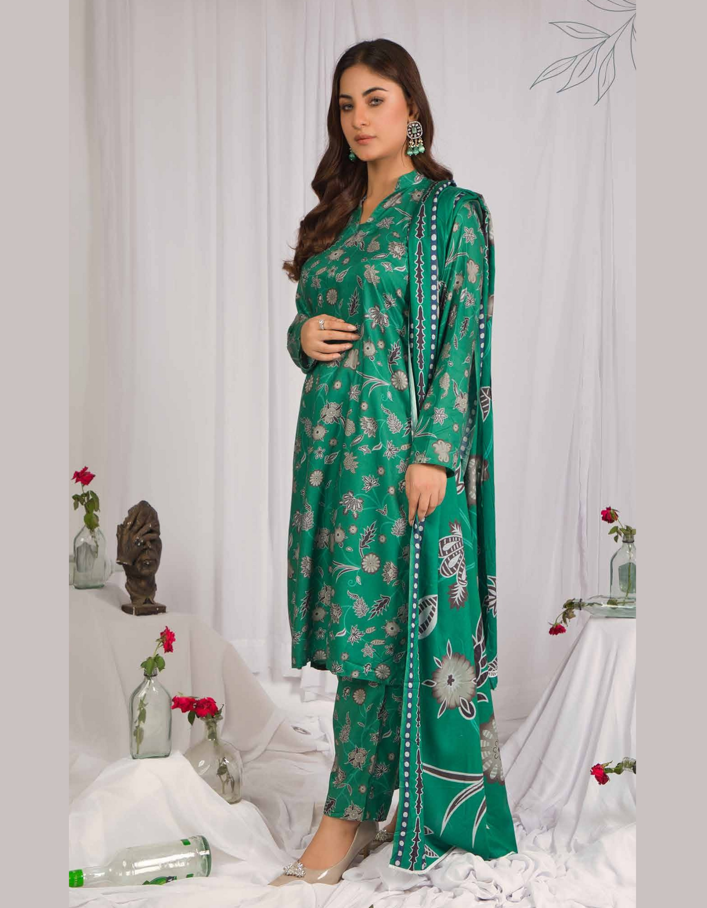 3PC Unstitched Bottle Green Linen Fabric Suit With Dupatta