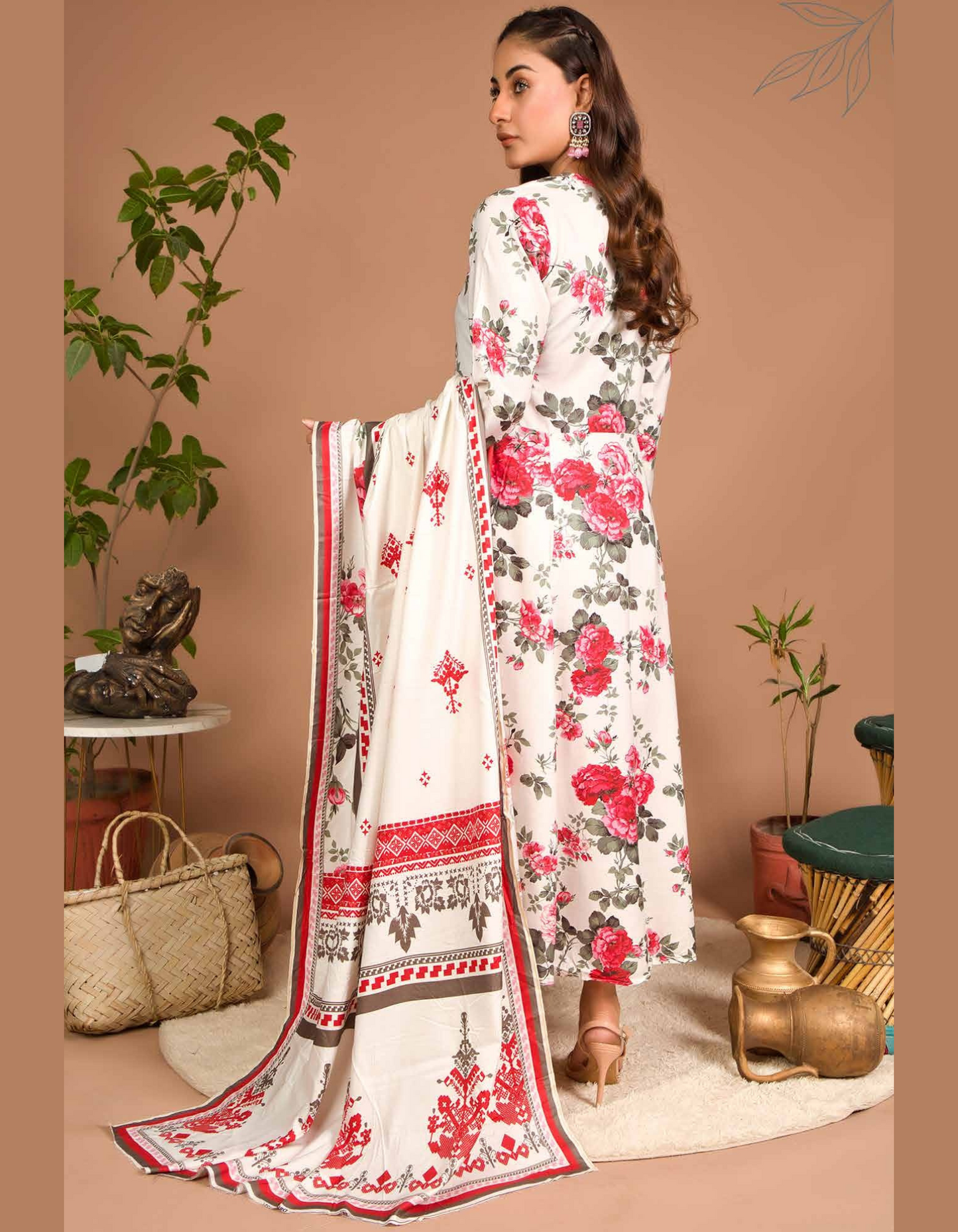 3PC Unstitched White Linen Fabric Suit With Dupatta