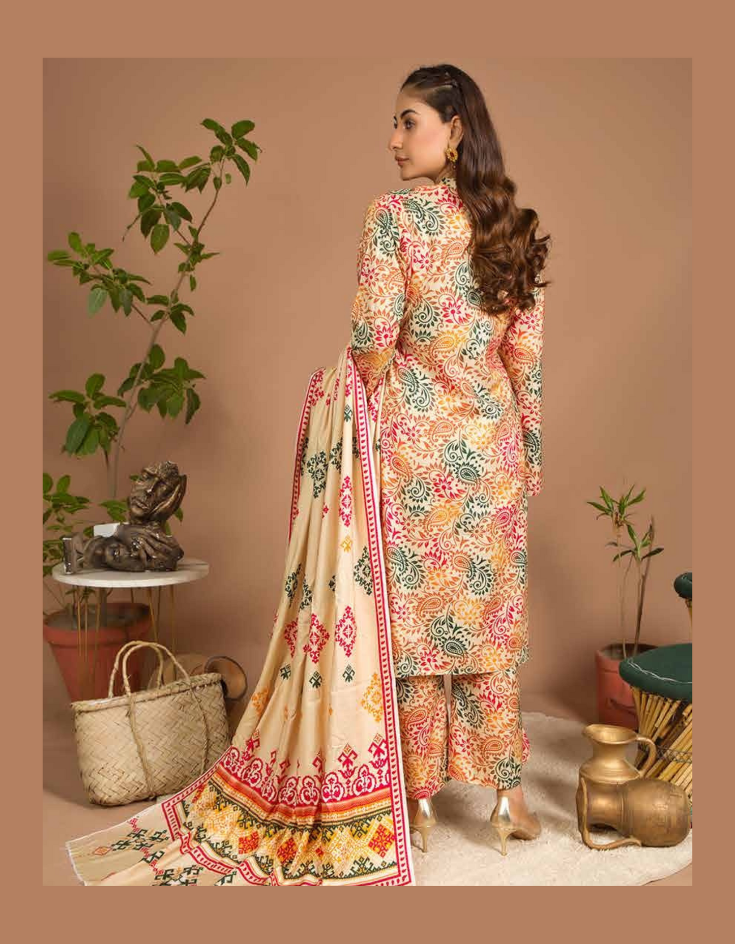 3PC Unstitched Cream Linen Fabric Suit With Dupatta