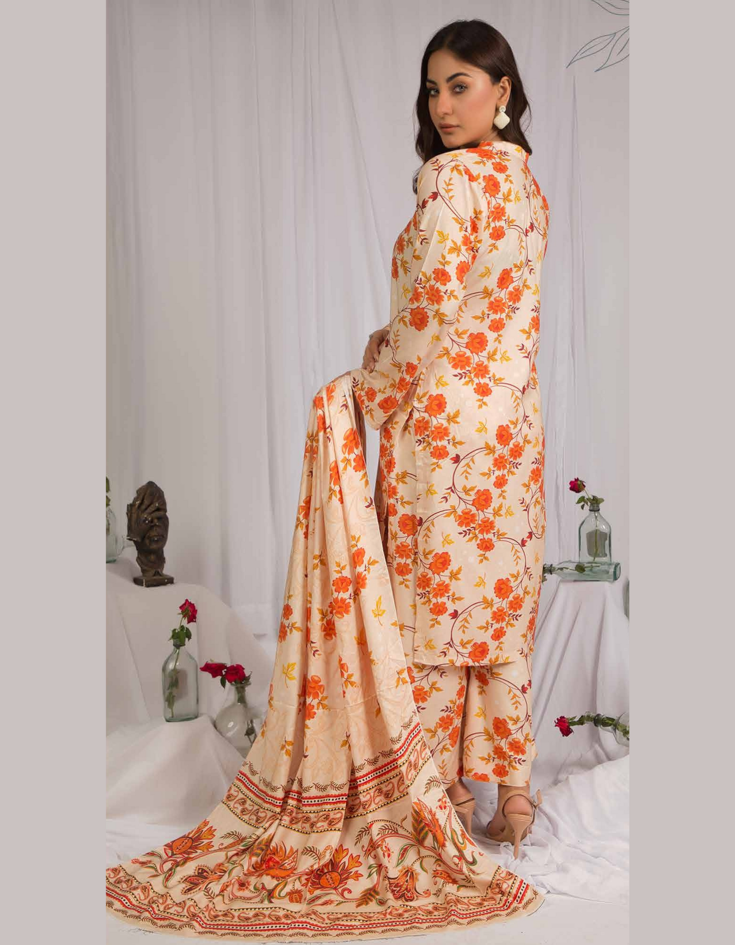 3PC Unstitched Beige Linen Fabric Suit With Dupatta