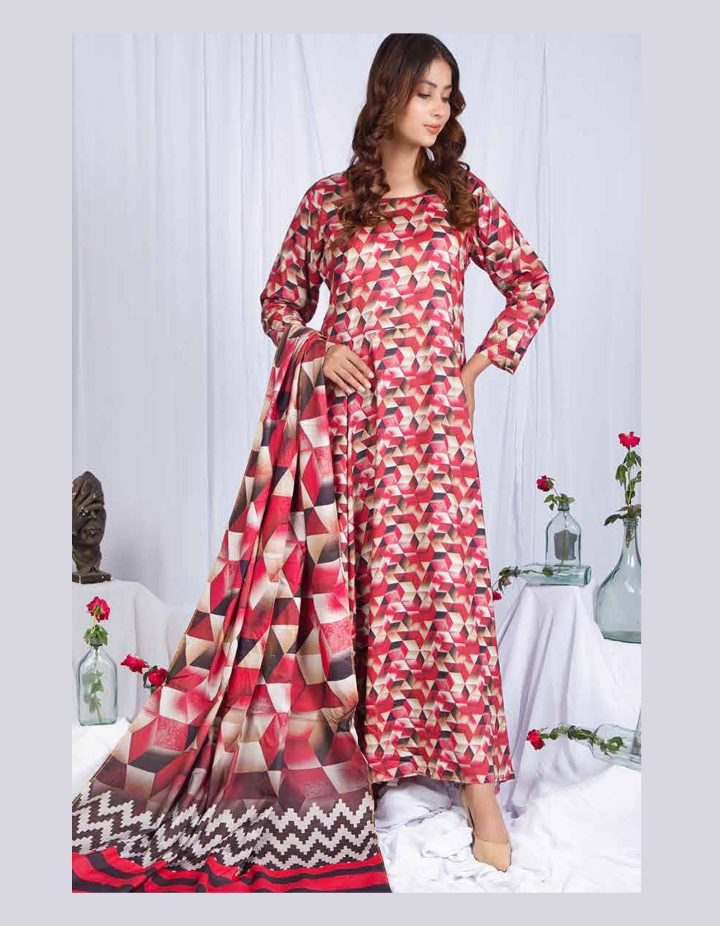 3PC Unstitched Red Linen Fabric Suit With Dupatta