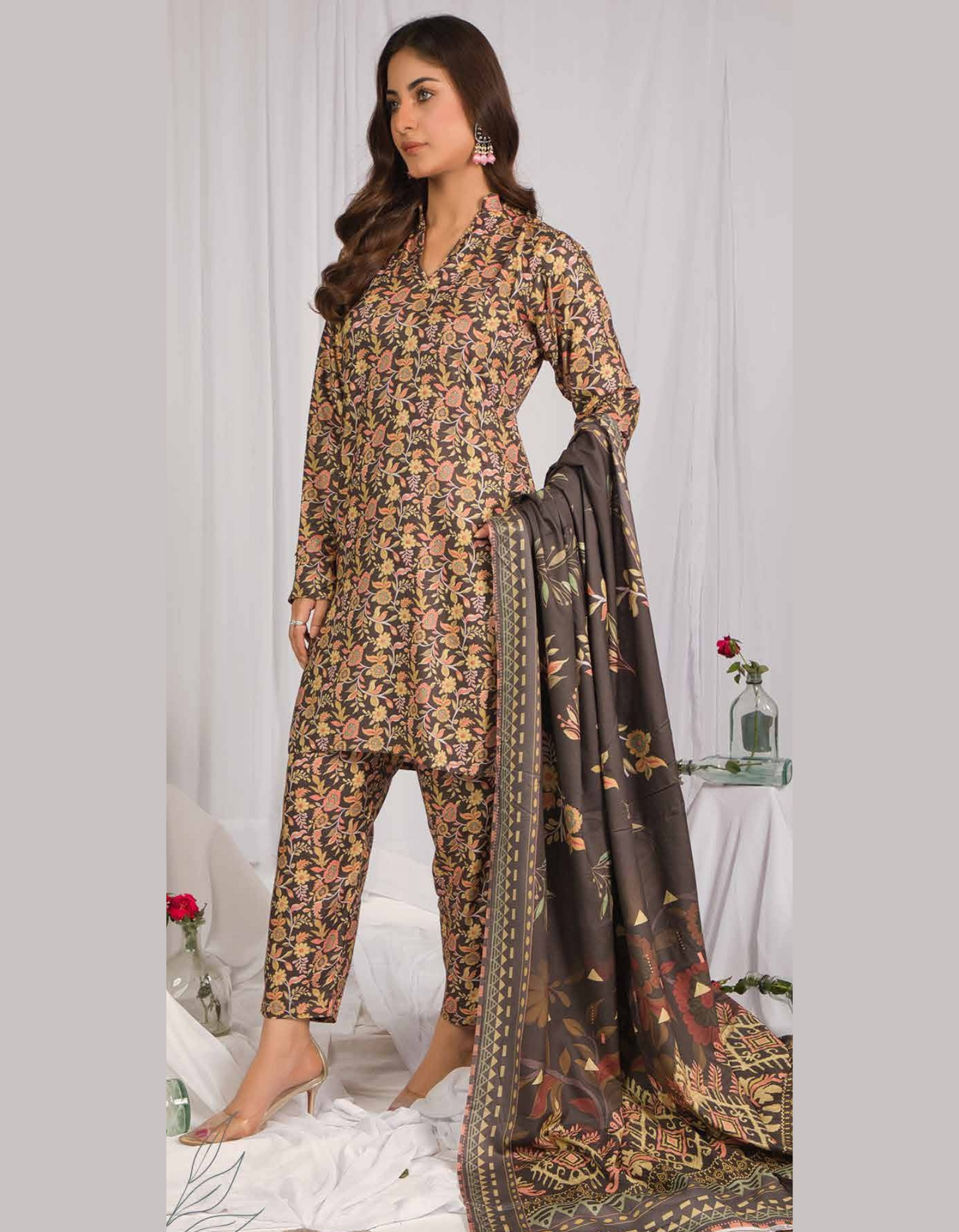 3PC Unstitched Dark Brown Linen Fabric Suit With Dupatta