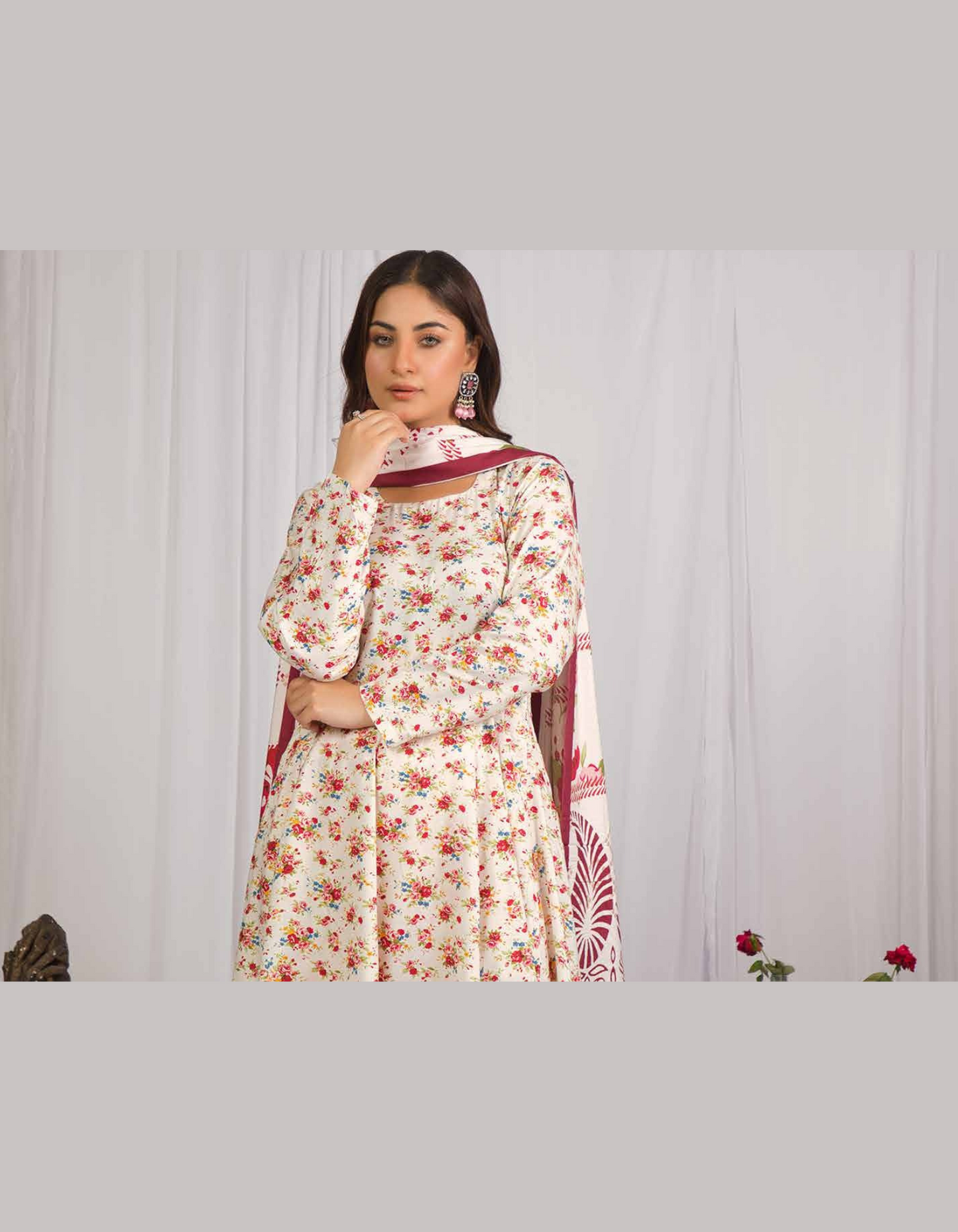 3PC Unstitched Off-White Base Linen Fabric Suit With Dupatta