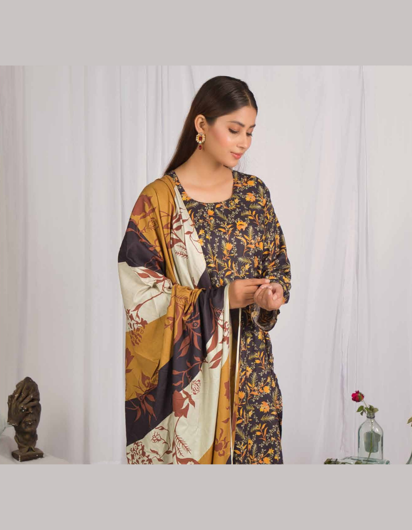 3PC Unstitched Dark Brown Linen Fabric Suit With Dupatta