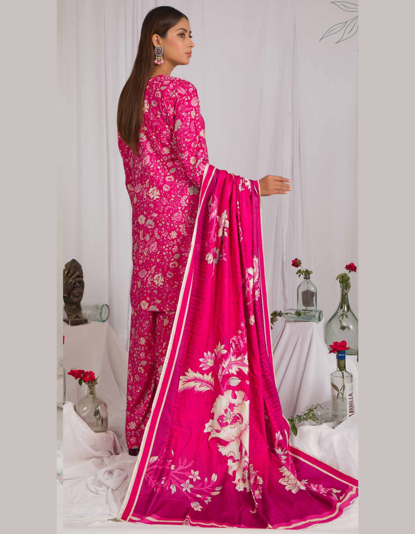 3PC Unstitched Hot Pink Linen Fabric Suit With Dupatta