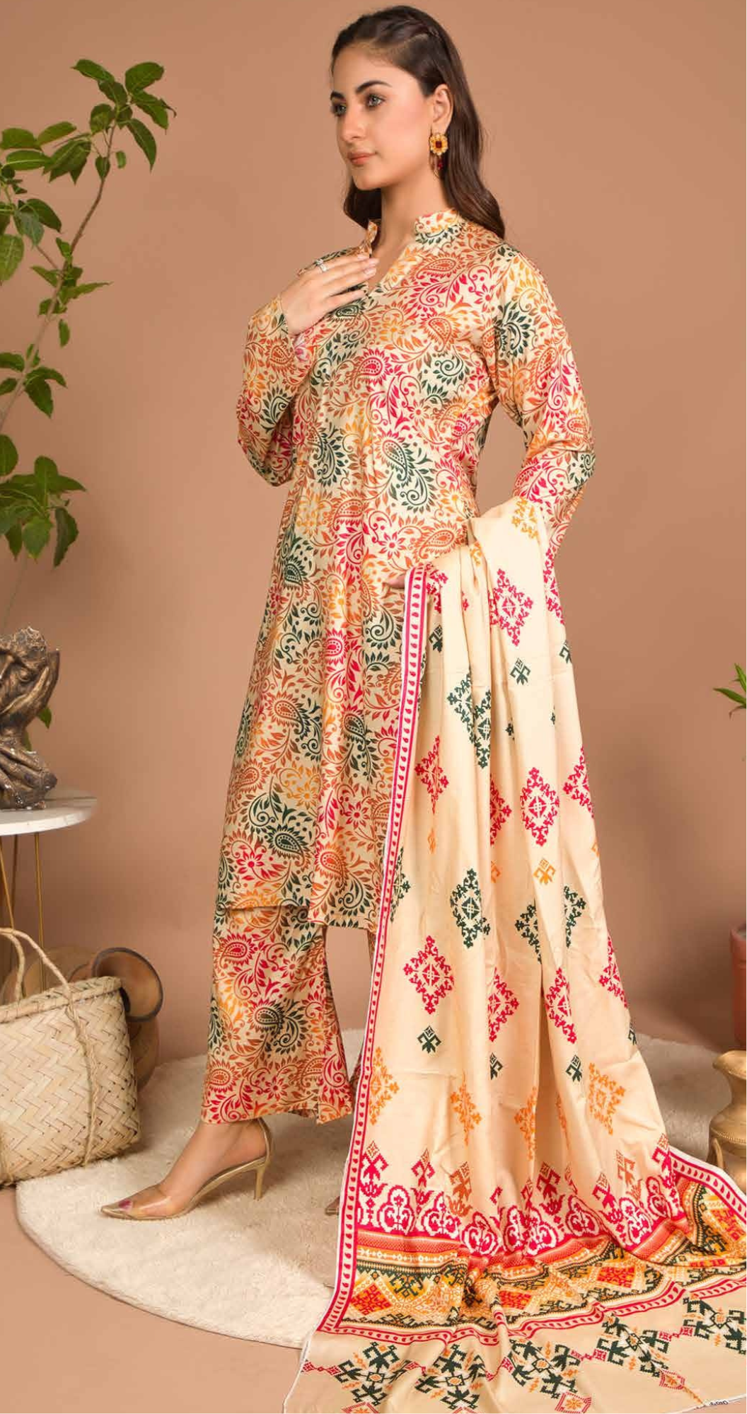 3PC Unstitched Cream Linen Fabric Suit With Dupatta