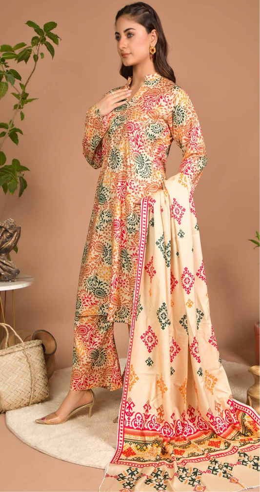 3PC Unstitched Cream Linen Fabric Suit With Dupatta