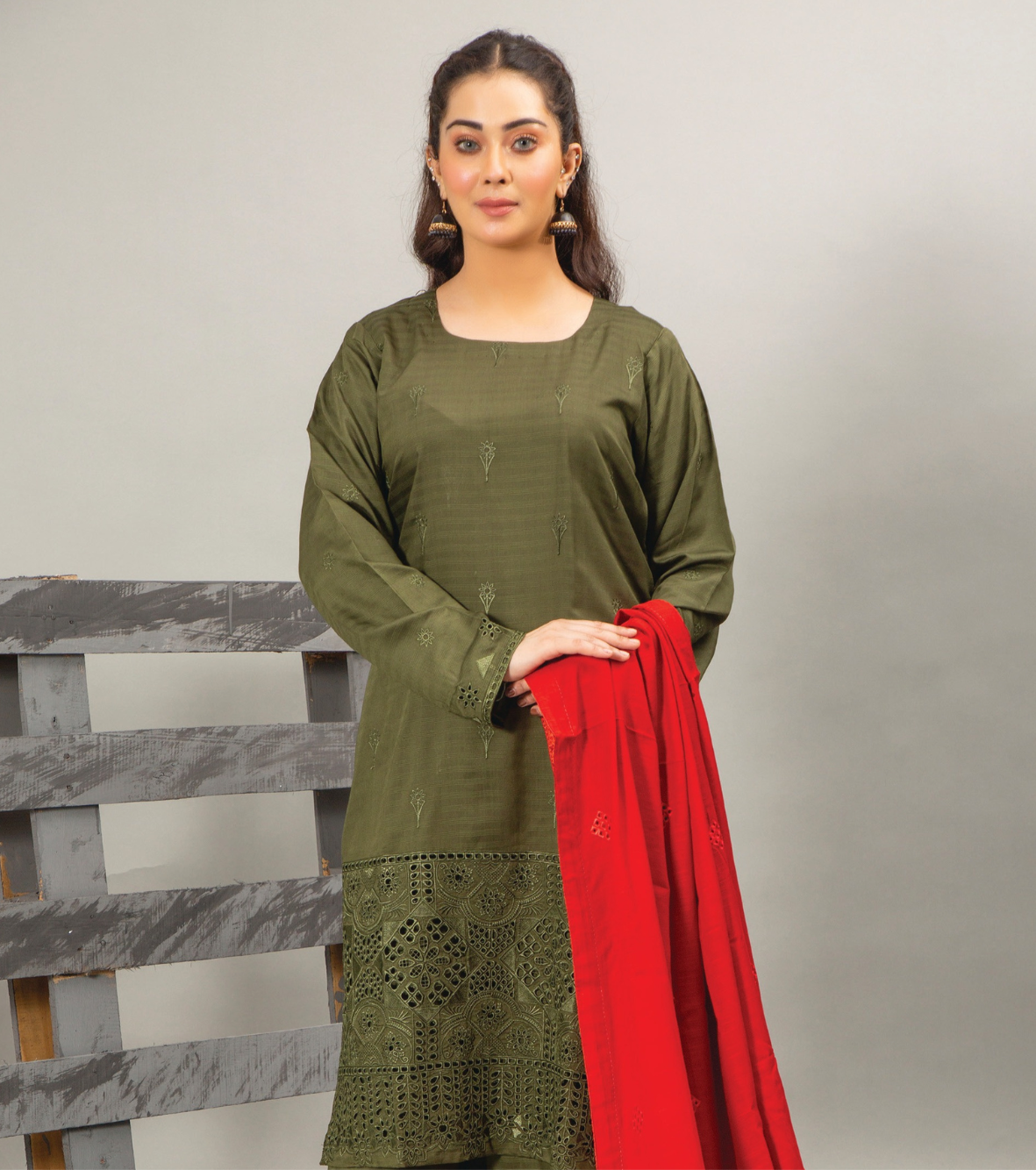 3PC-Unstitched Embroidered Olive Green Viscose Bana Dora