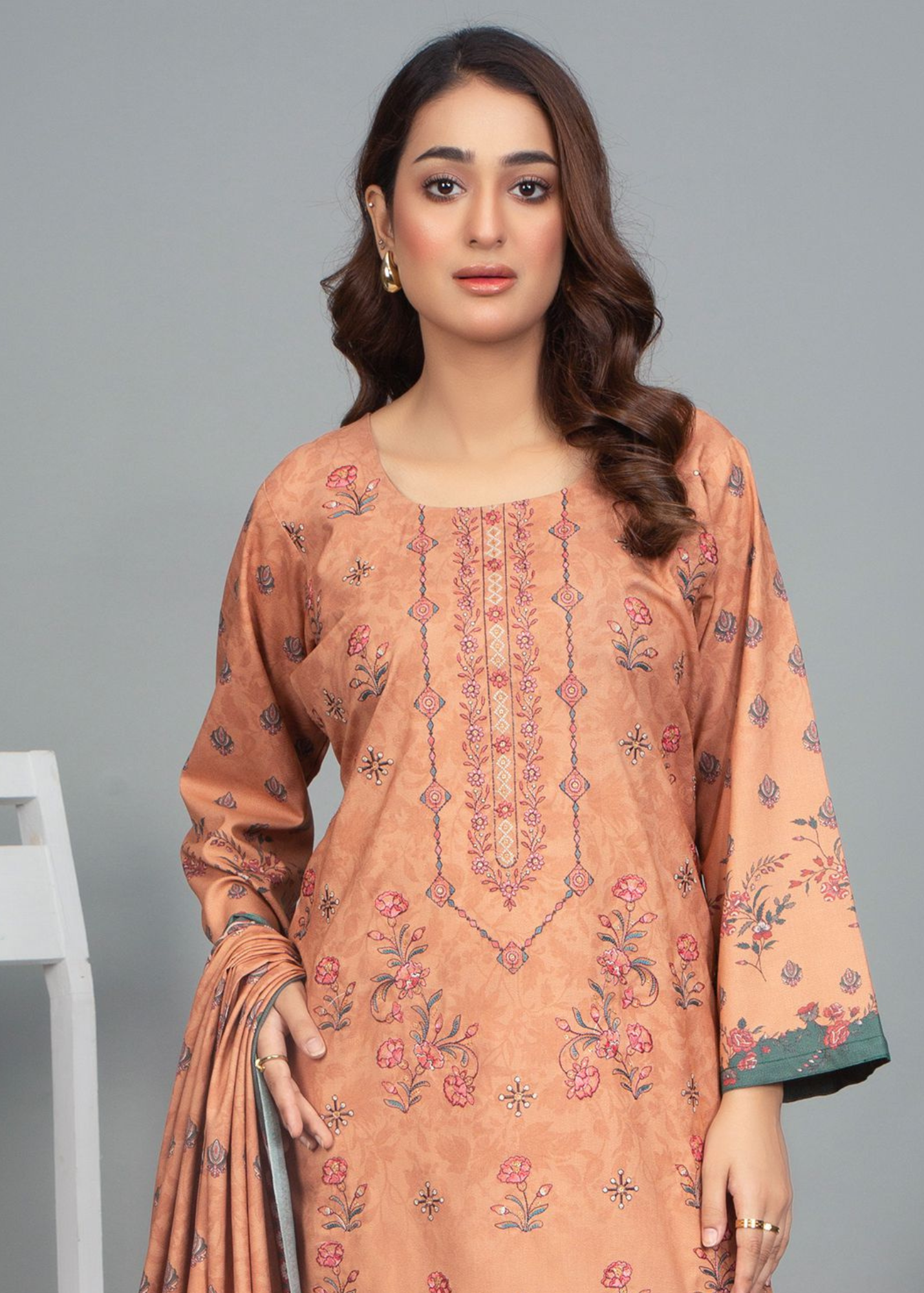 3PC-Unstitched Embroidered Peach Dhanak Marina