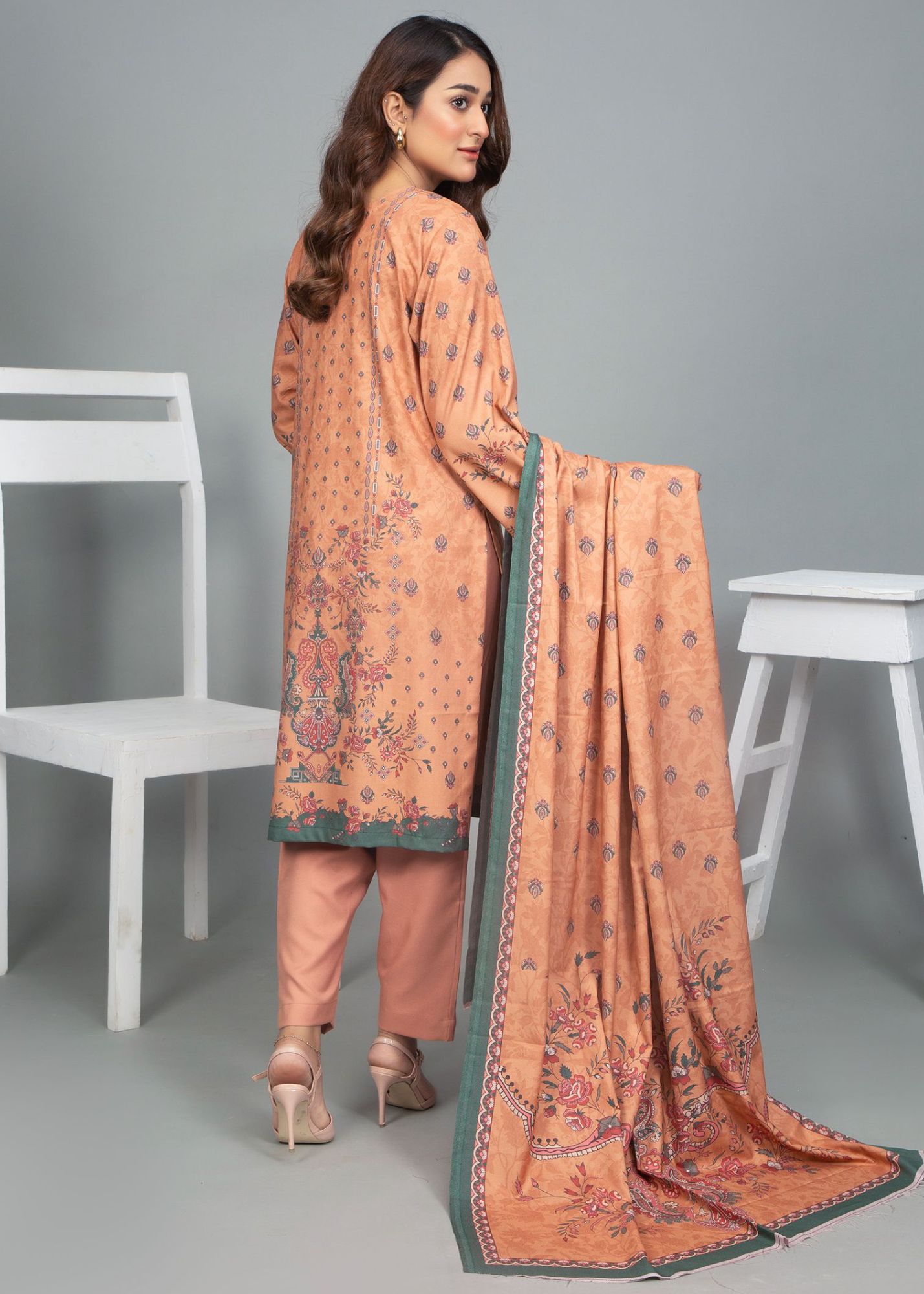 3PC-Unstitched Embroidered Peach Dhanak Marina