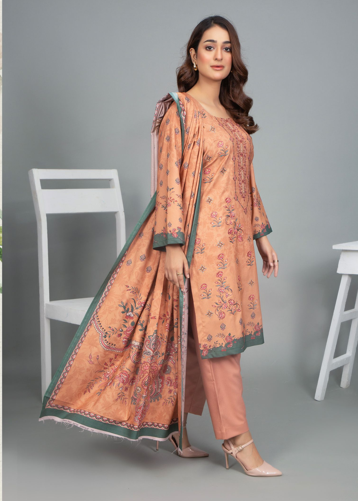 3PC-Unstitched Embroidered Peach Dhanak Marina