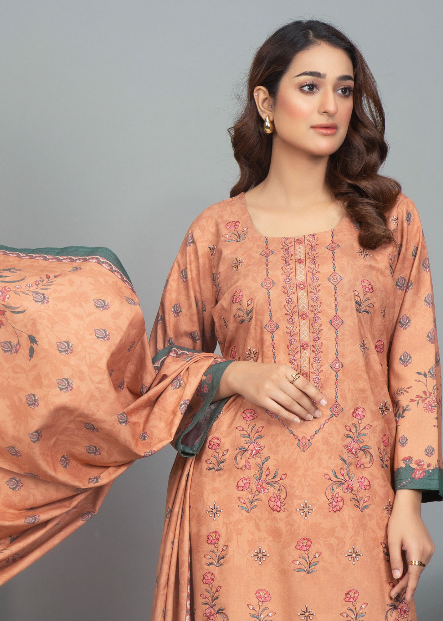 3PC-Unstitched Embroidered Peach Dhanak Marina