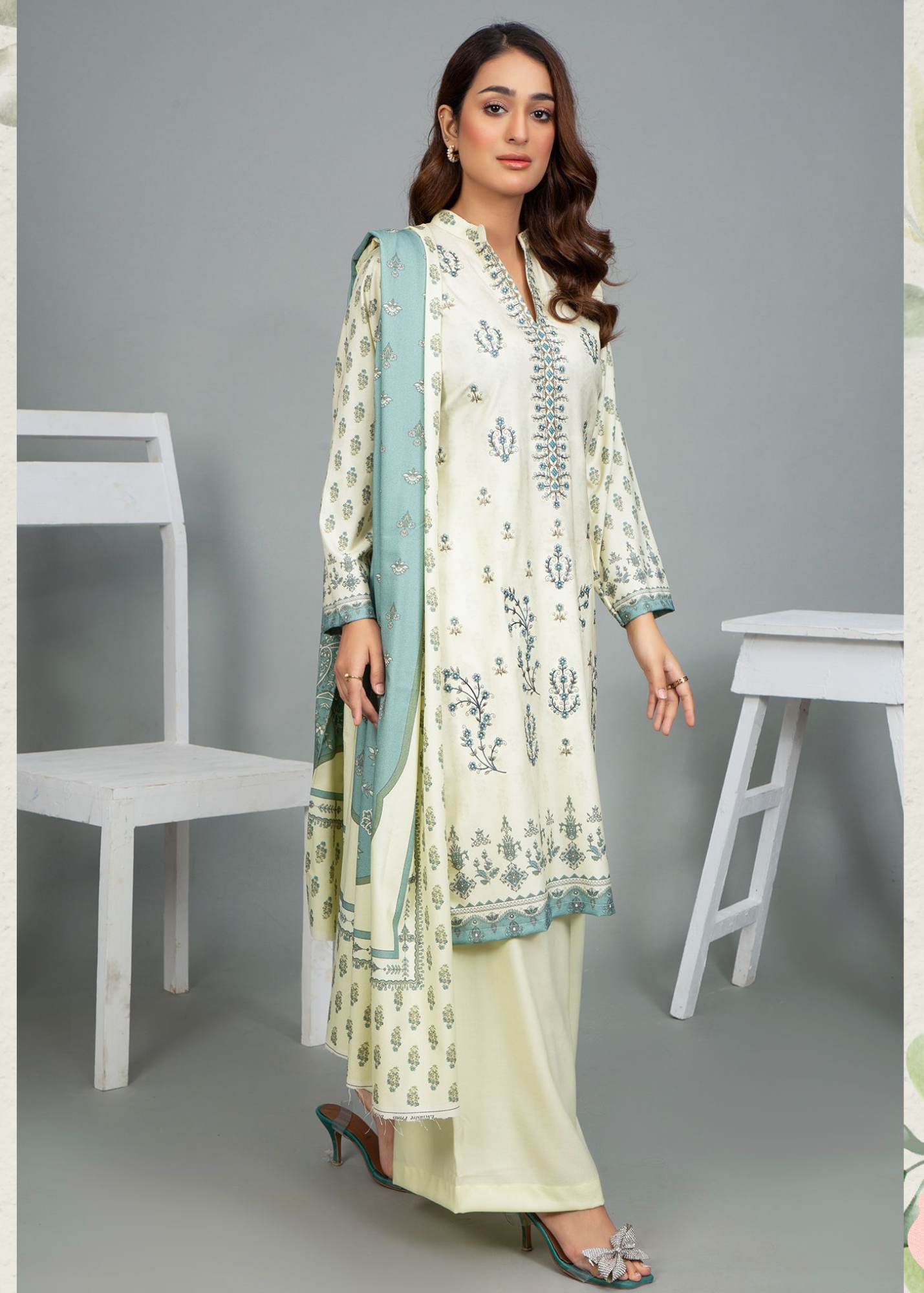 3PC-Unstitched Embroidered Off-White Dhanak Marina