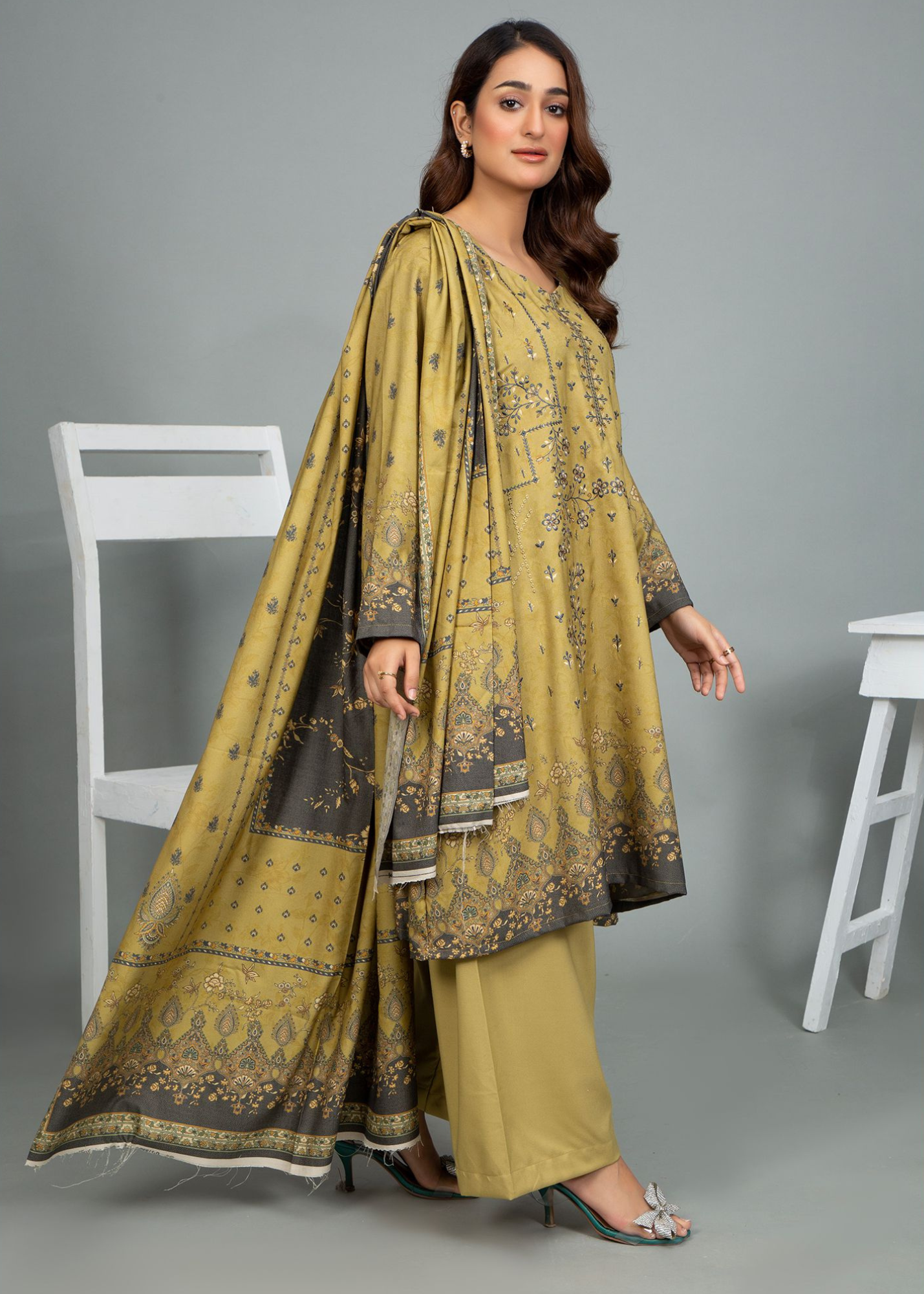 3PC-Unstitched Embroidered Olive Green Dhanak Marina