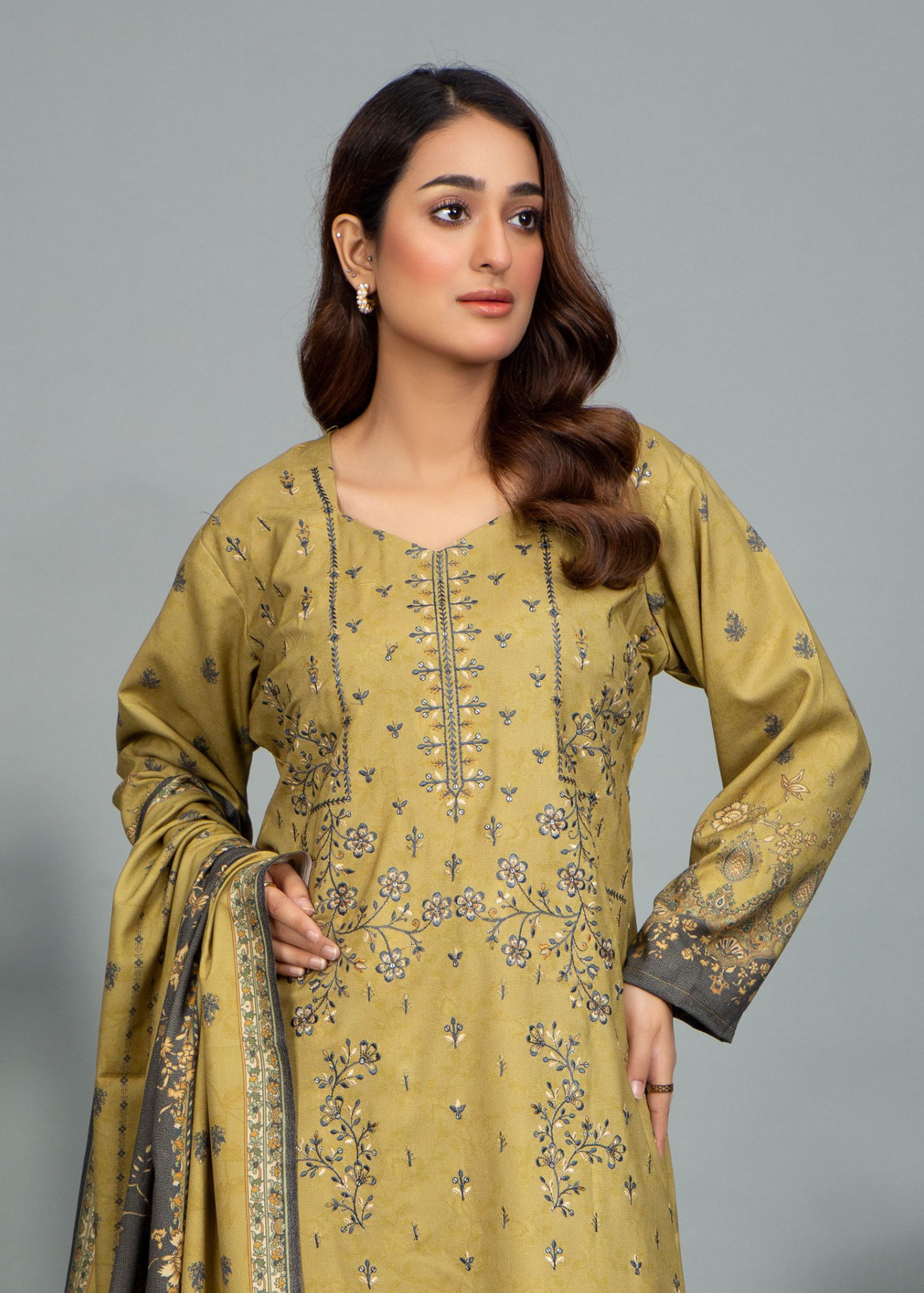 3PC-Unstitched Embroidered Olive Green Dhanak Marina