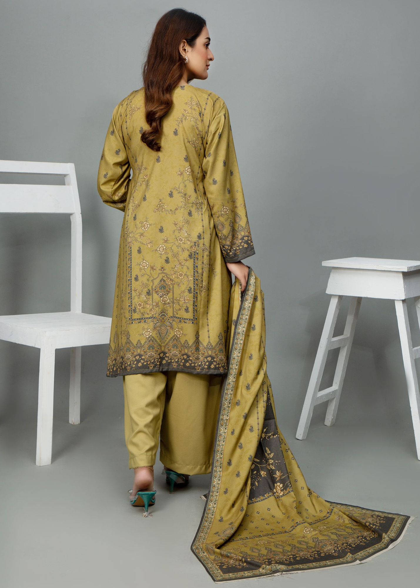 3PC-Unstitched Embroidered Olive Green Dhanak Marina