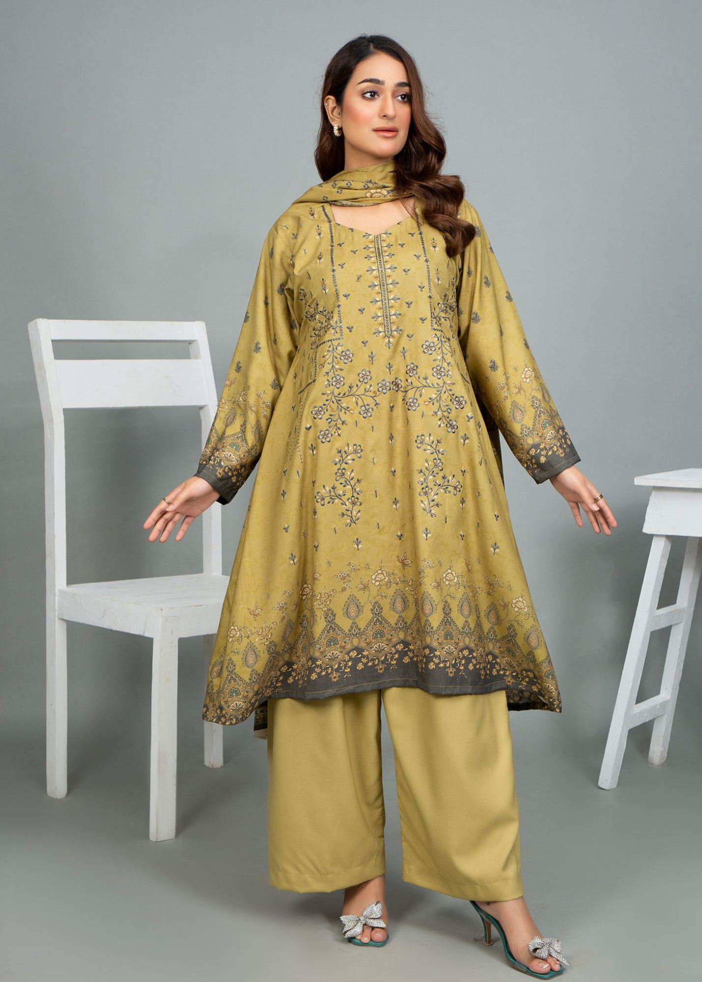 3PC-Unstitched Embroidered Olive Green Dhanak Marina