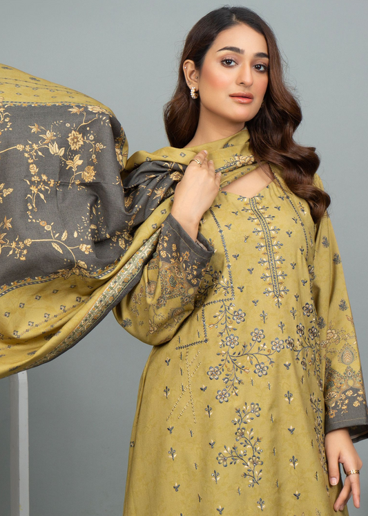 3PC-Unstitched Embroidered Olive Green Dhanak Marina