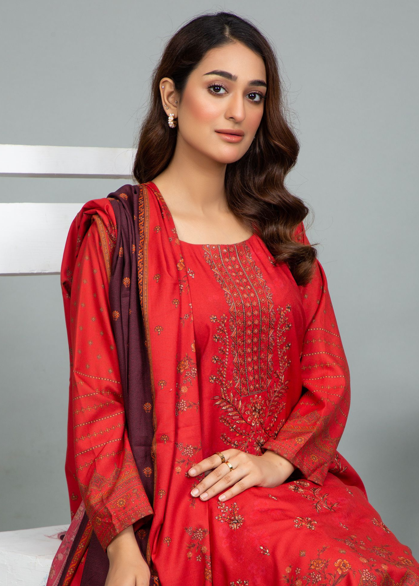 3PC-Unstitched Embroidered Red Dhanak Marina