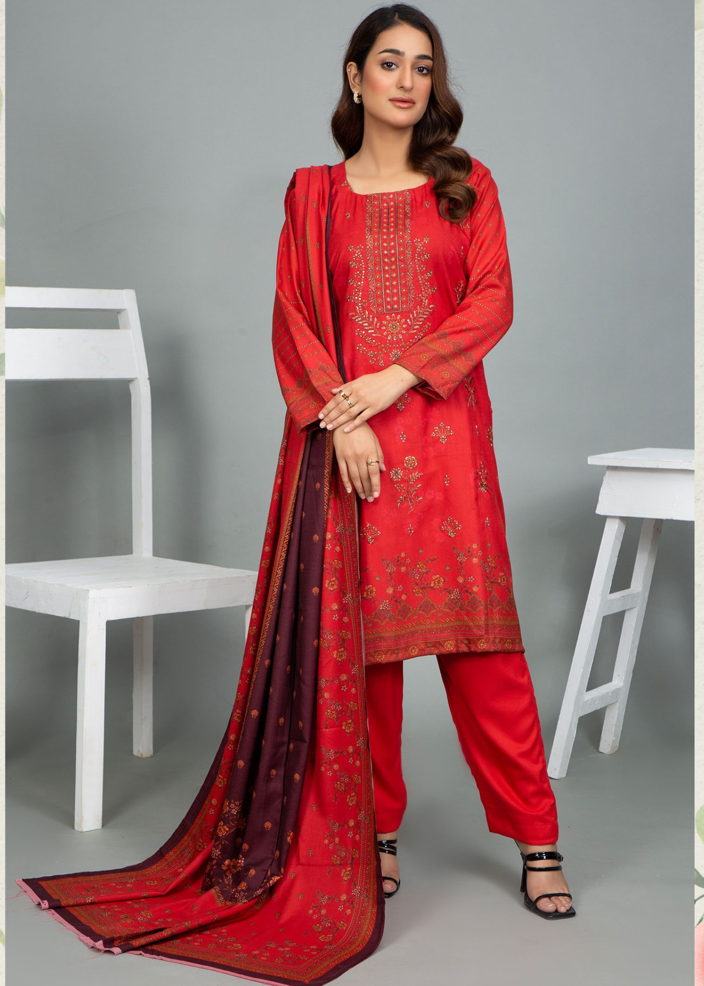 3PC-Unstitched Embroidered Red Dhanak Marina