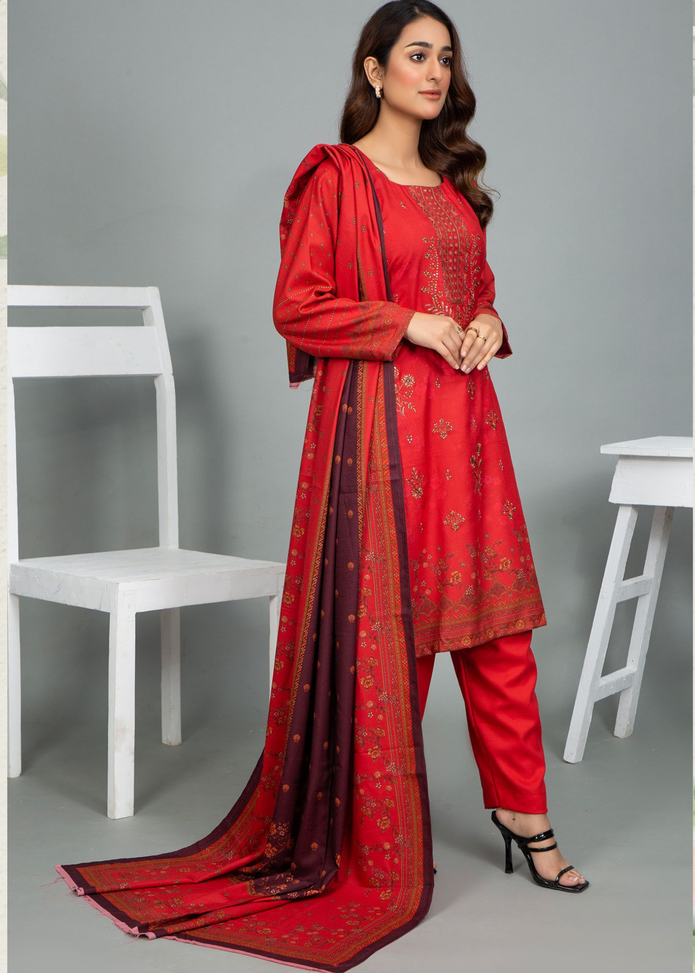 3PC-Unstitched Embroidered Red Dhanak Marina