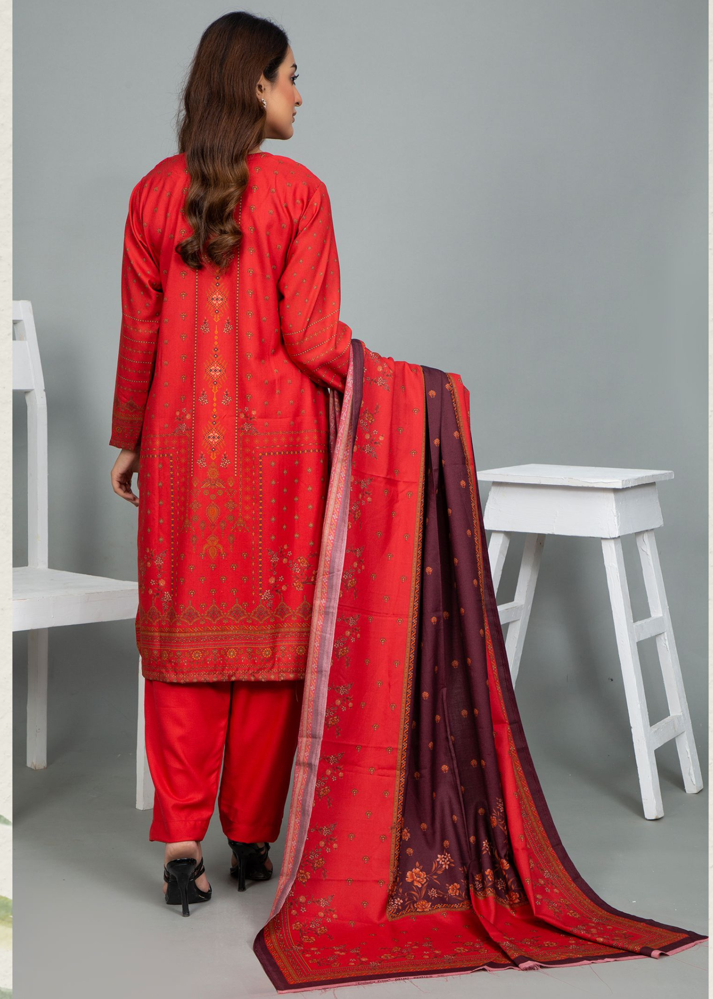 3PC-Unstitched Embroidered Red Dhanak Marina