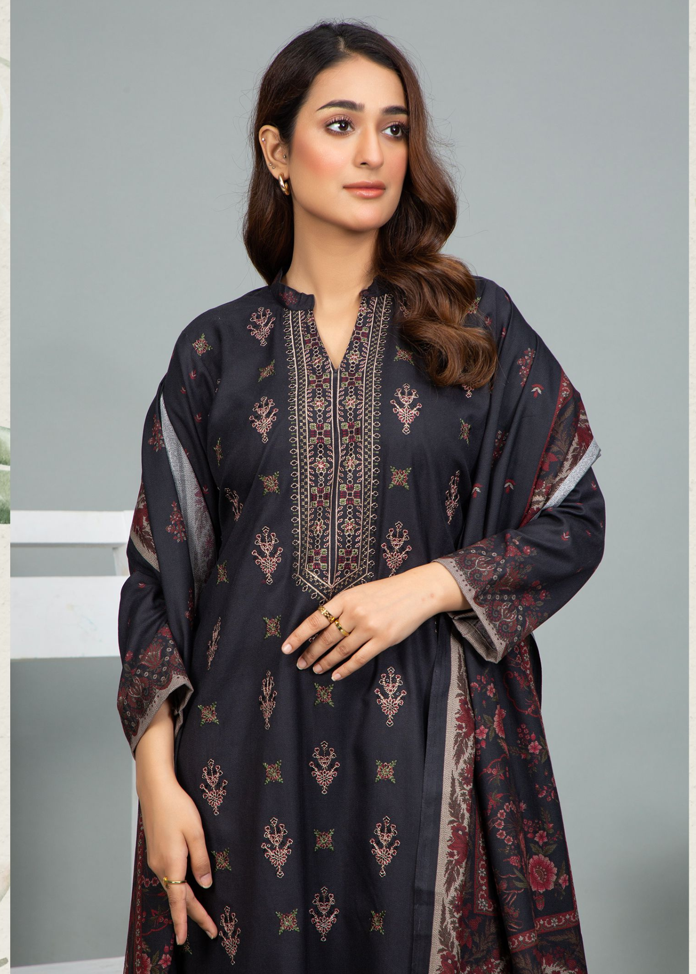 3PC-Unstitched Embroidered Black Dhanak Marina