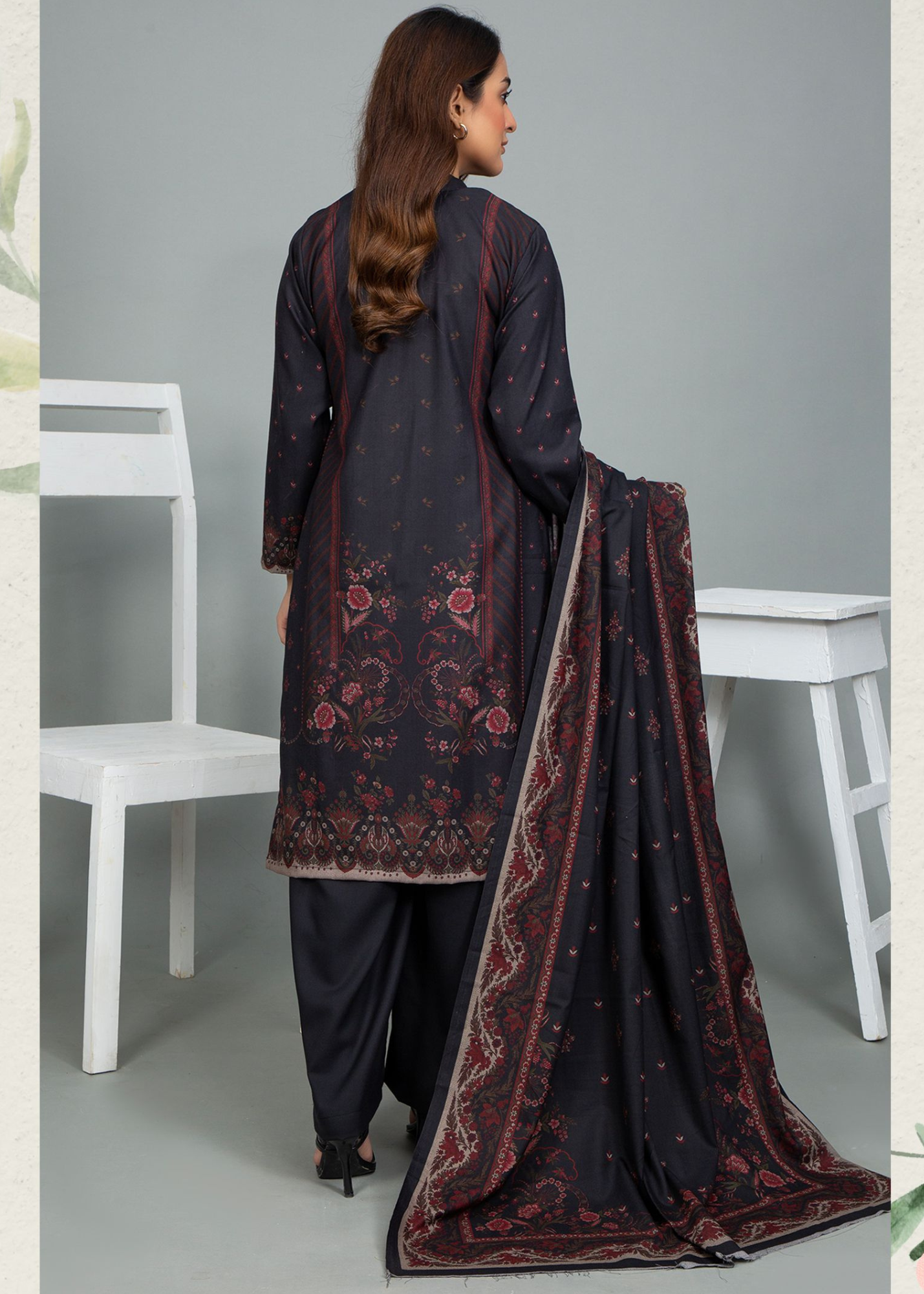 3PC-Unstitched Embroidered Black Dhanak Marina