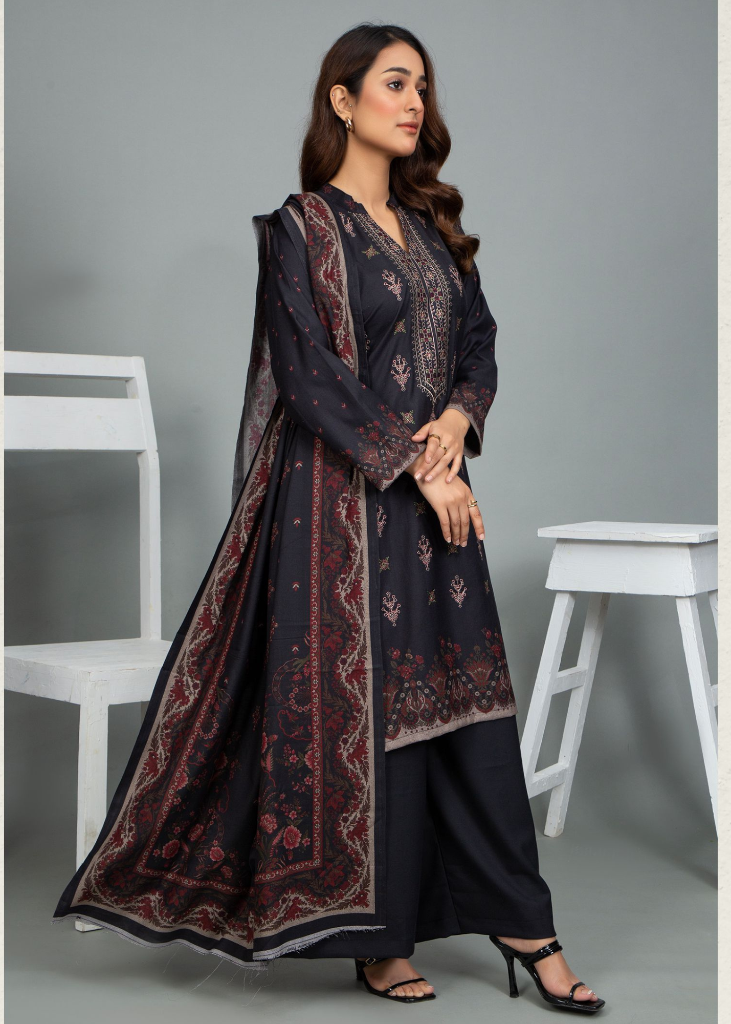 3PC-Unstitched Embroidered Black Dhanak Marina